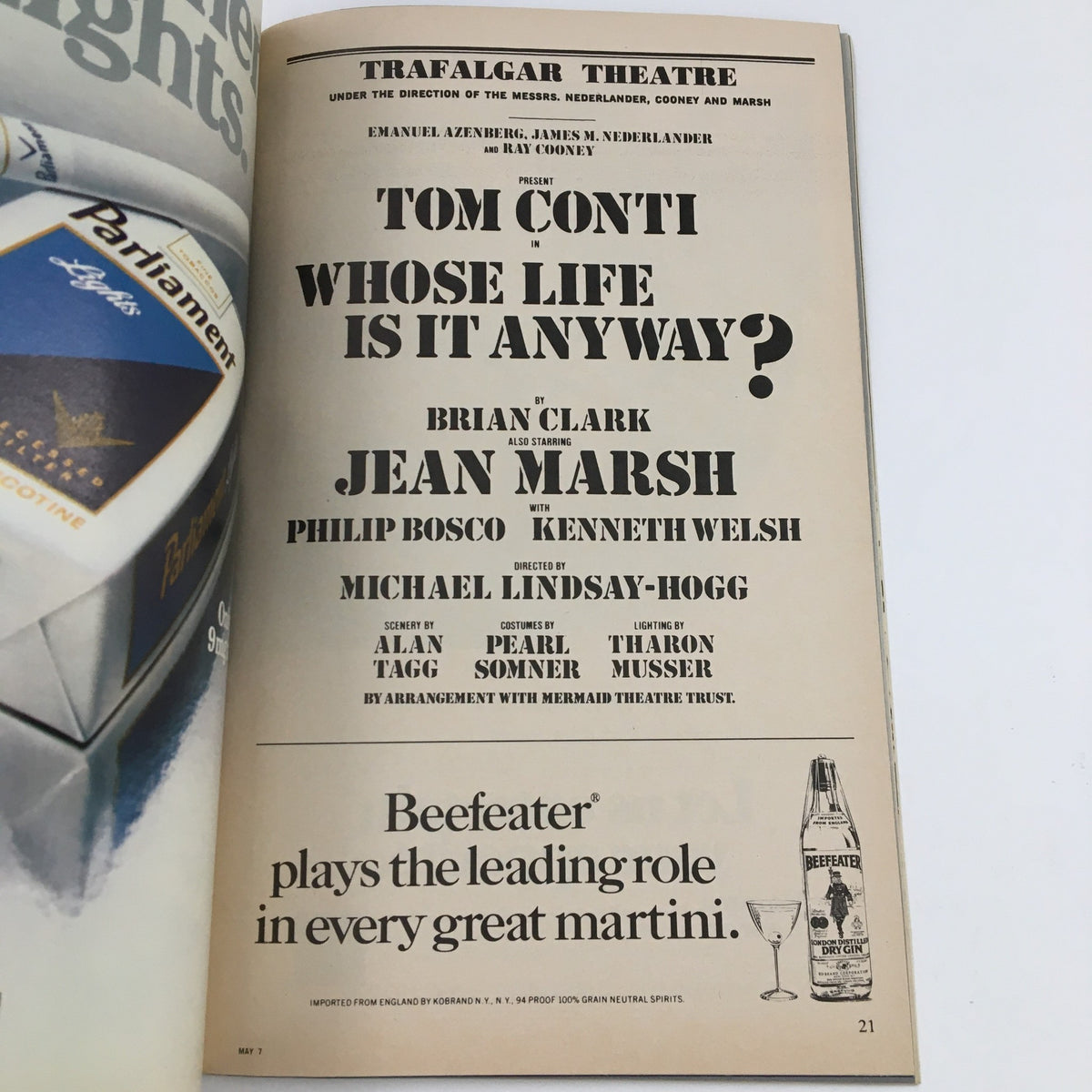 Detail page from the 1979 Playbill for 'Whose Life Is It Anyway?', highlighting cast members including Tom Conti and Jean Marsh.