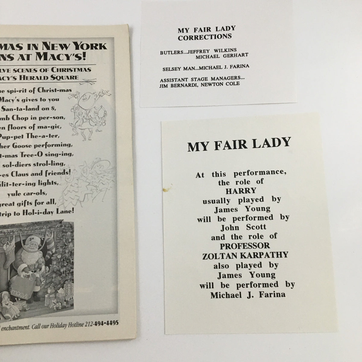 Detail of the 1993 Playbill for Richard Chamberlain's performance in My Fair Lady at Virginia Theatre, featuring Christmas greeting and performance corrections.