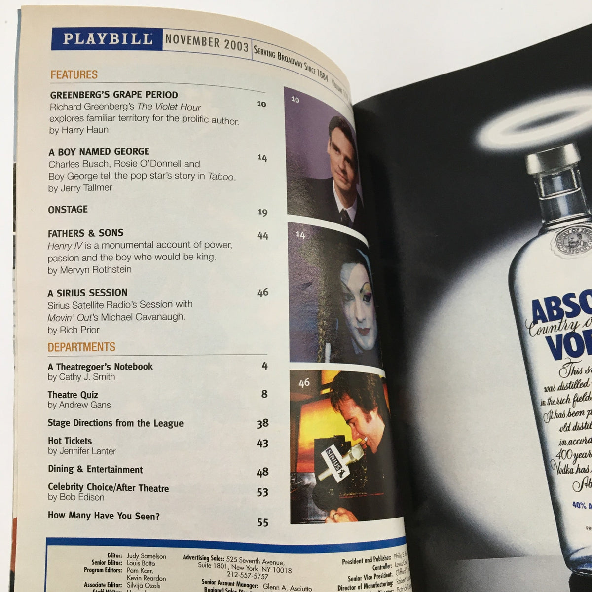 Inside view of the November 2003 Playbill featuring various articles and advertisements, including highlights from the Helen Hayes Theatre production of 'Golda's Balcony' starring Tovah Feldshuh.