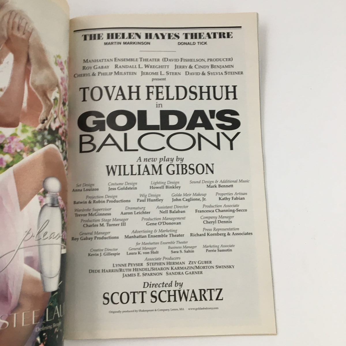 Cover page of the Playbill from the Helen Hayes Theatre showcasing Tovah Feldshuh in 'Golda's Balcony', a play by William Gibson, presented in 2003.