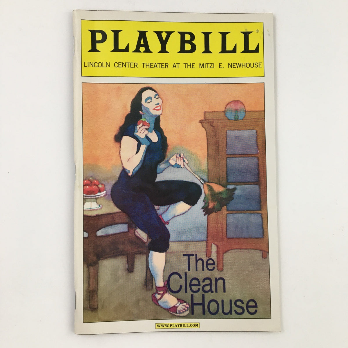 2006 Playbill for The Clean House, presented by Lincoln Center Theater, featuring a colorful illustration of a woman holding a drink and surrounded by a cozy setting.