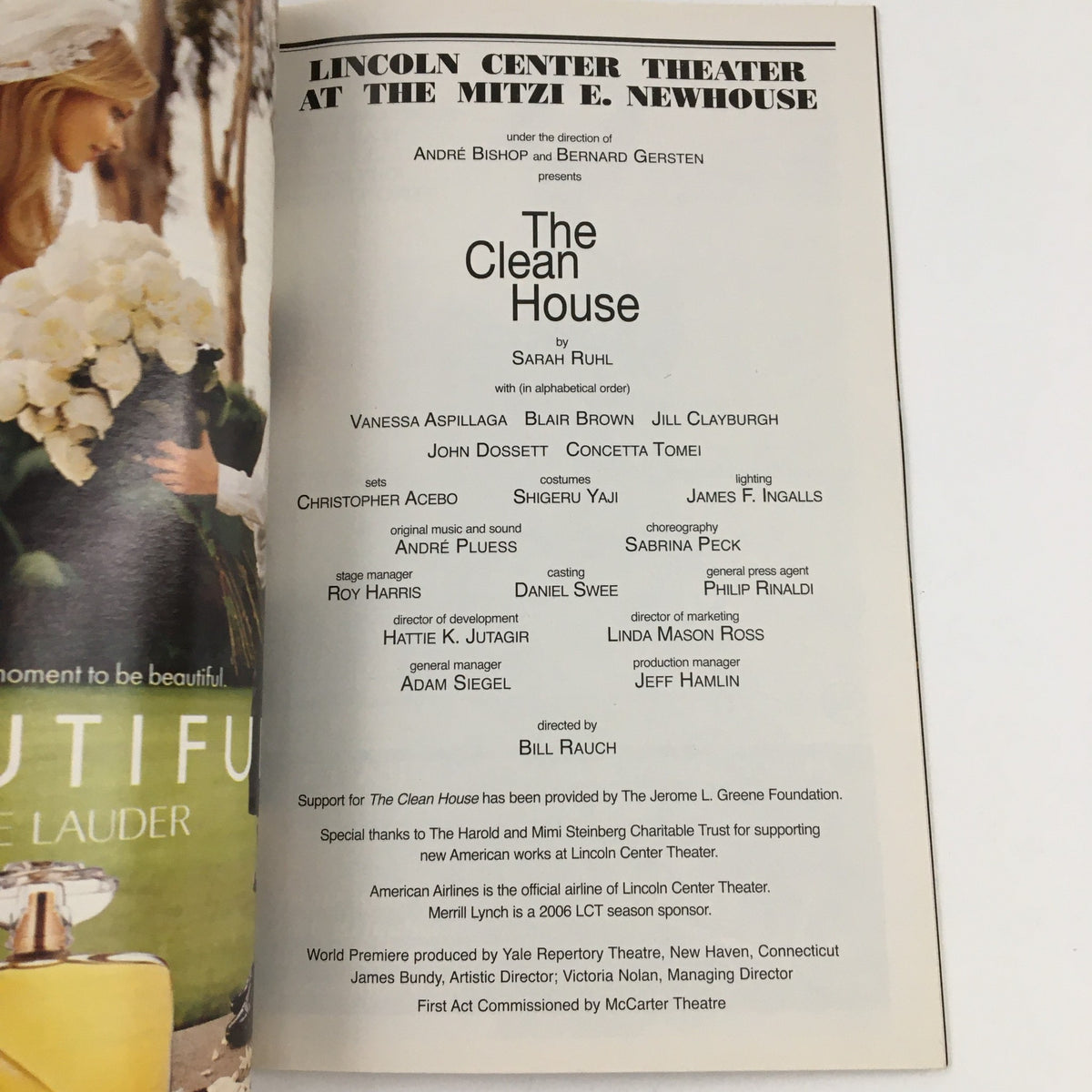 Inside page of the 2006 Playbill for The Clean House at Lincoln Center Theater, featuring cast and crew details and directed by Bill Rauch.