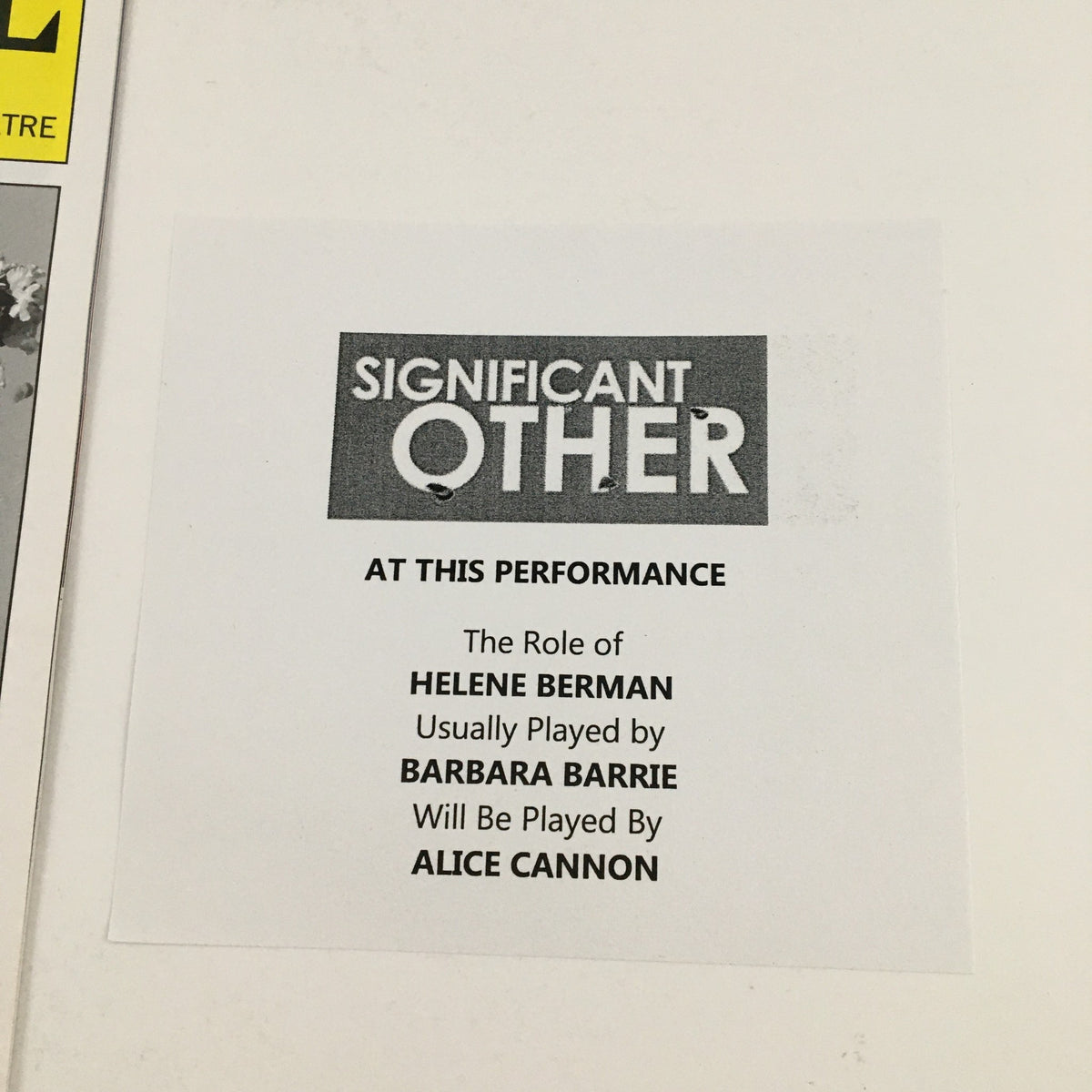 Performance insert for Significant Other detailing role of Helene Berman, showcasing cast change information at the Roundabout Theatre.