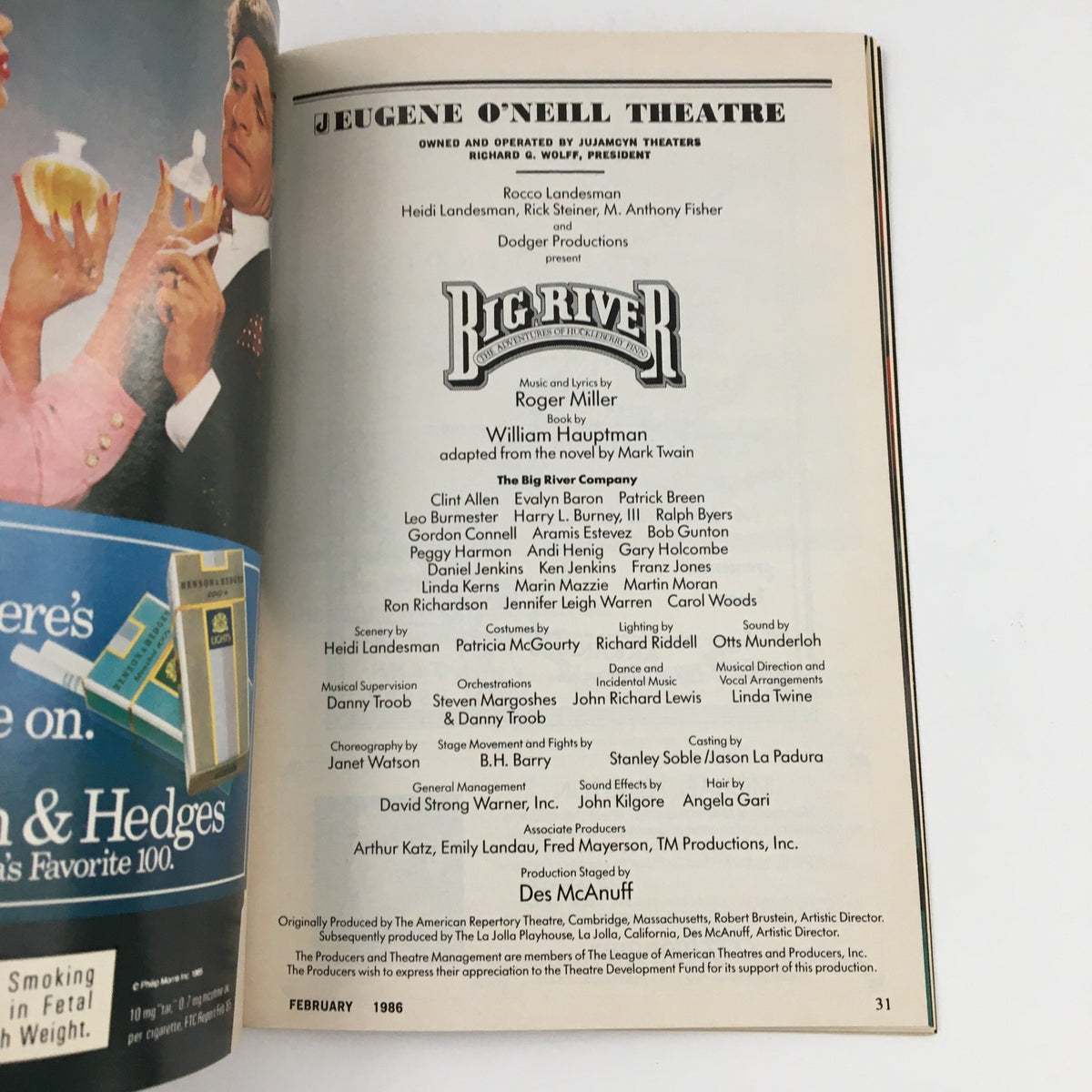 Another inside page of the 1986 Playbill for Big River, detailing the cast and creative team behind the musical at the Eugene O'Neill Theatre.