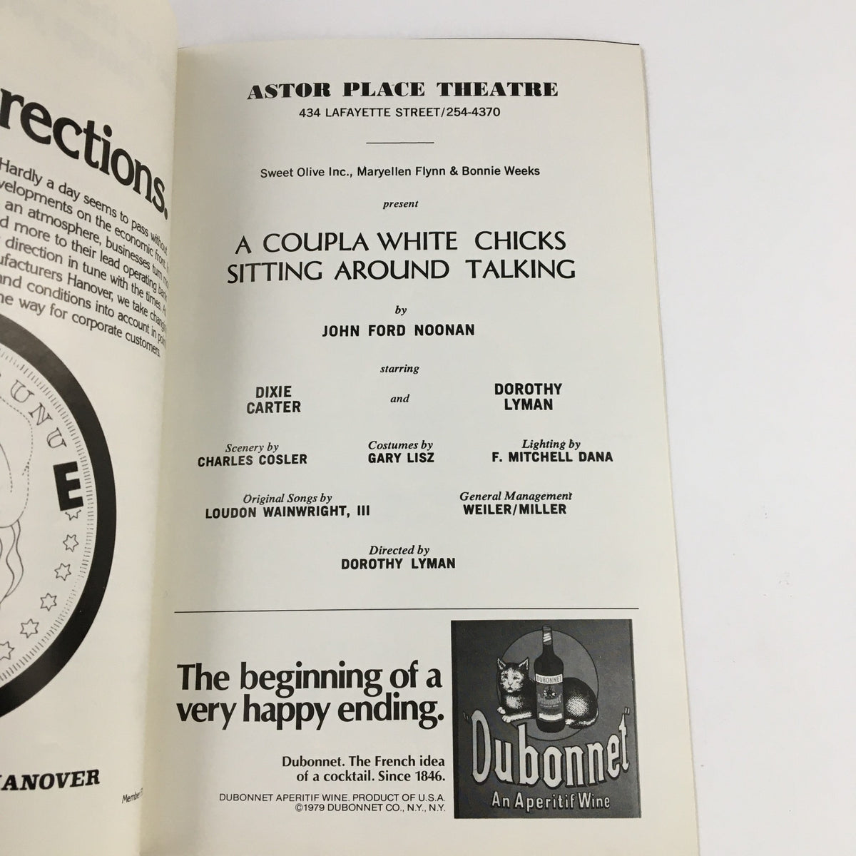 Interior page of the 1980 Showbill for A Coupla White Chicks Sitting Around Talking, detailing the cast and production team at Astor Place Theatre.