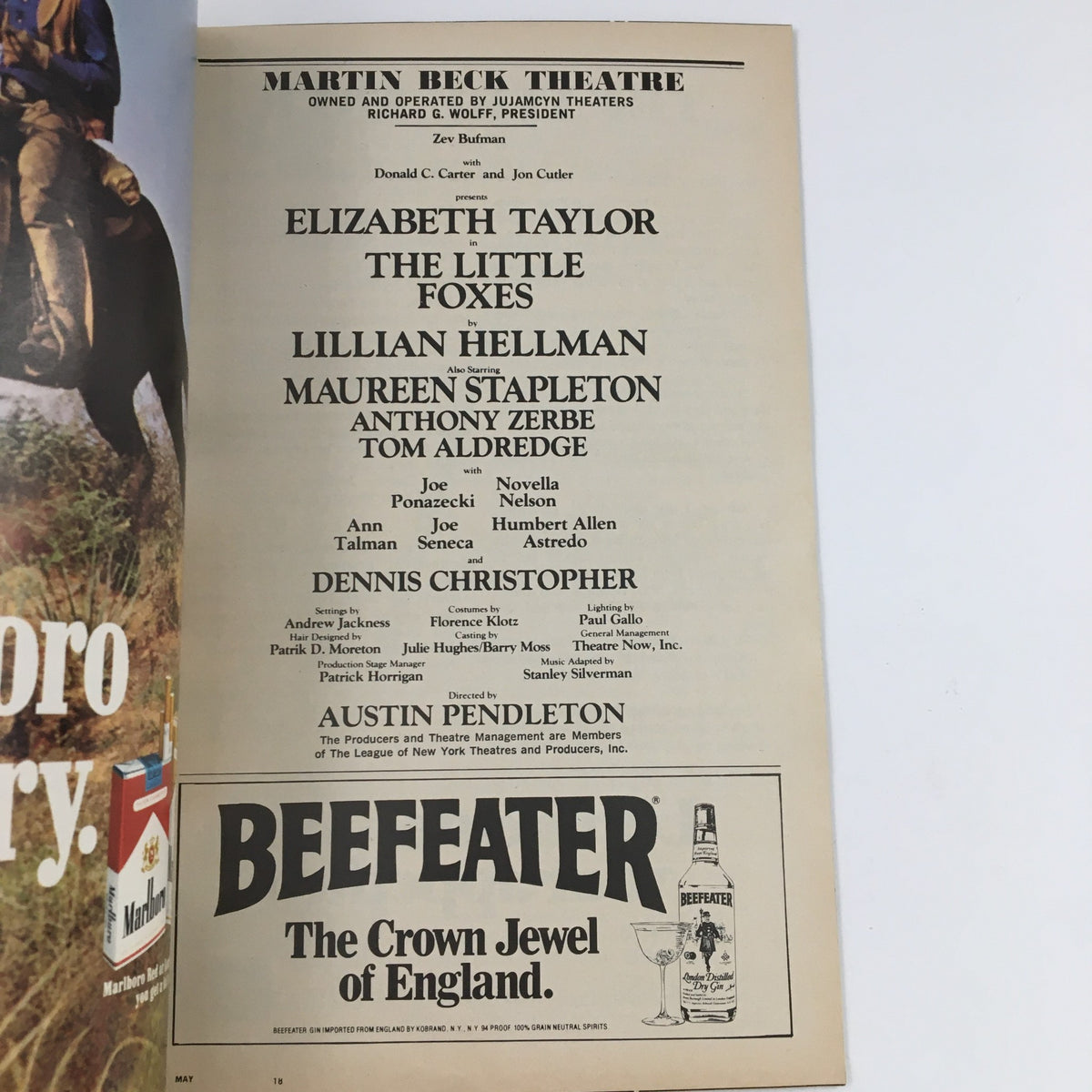 1981 Playbill for The Little Foxes featuring Elizabeth Taylor, with a page listing the cast and production details at Martin Beck Theatre.