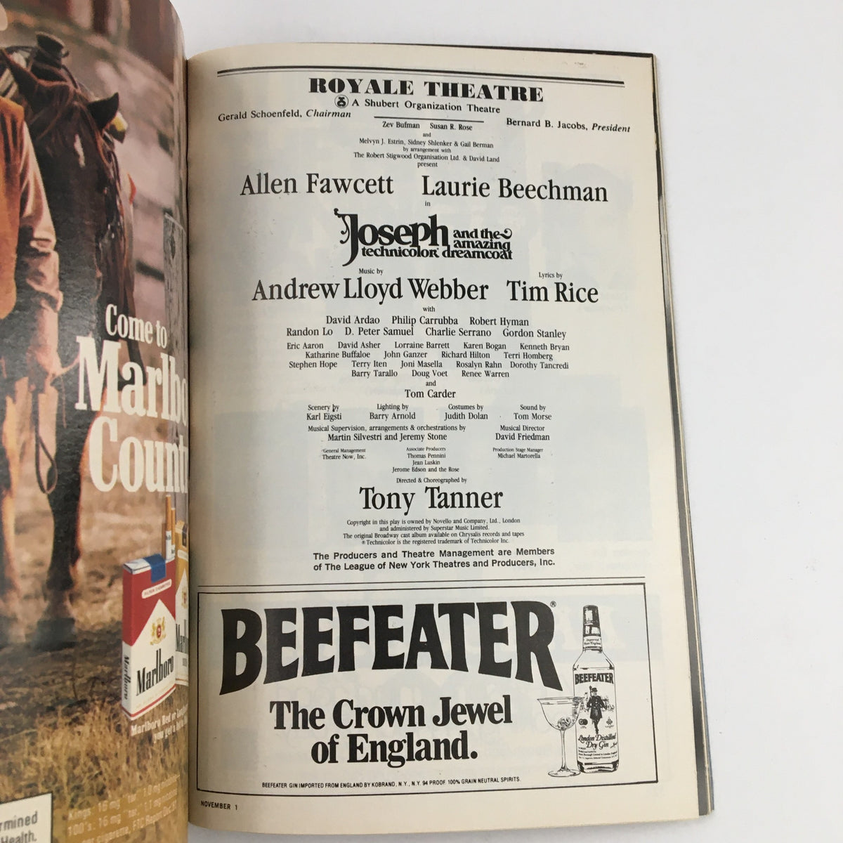 Interior page of the 1983 Playbill for Joseph and the Amazing Technicolor Dreamcoat, featuring cast listings and production details.