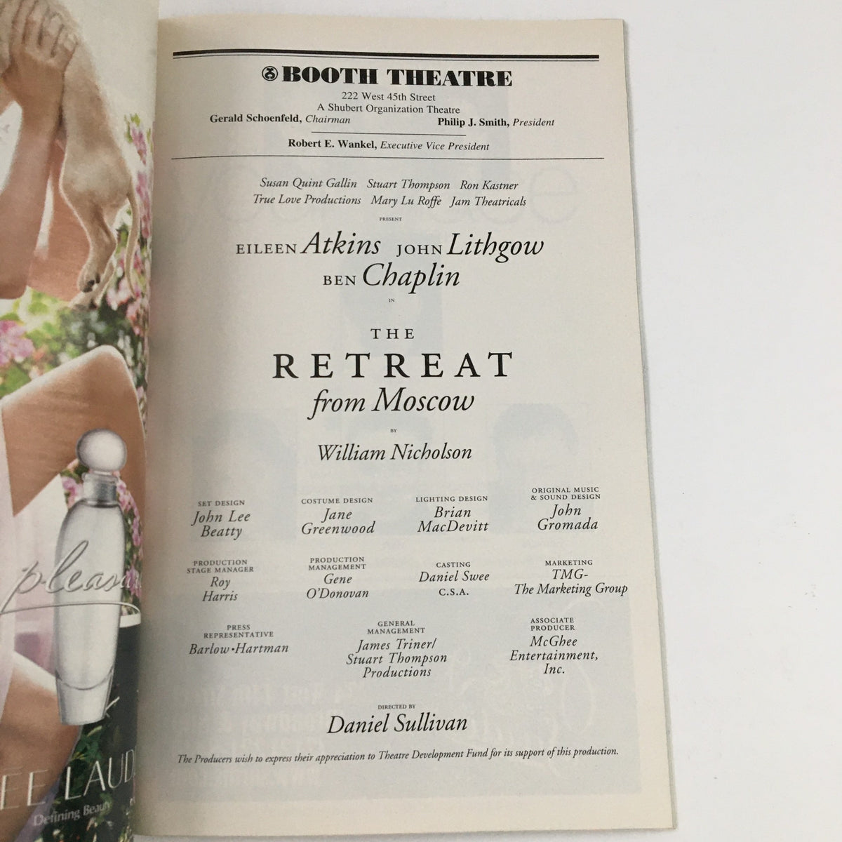 Cast and production details of The Retreat from Moscow in the 2003 Playbill at Booth Theatre, highlighting playwright William Nicholson.