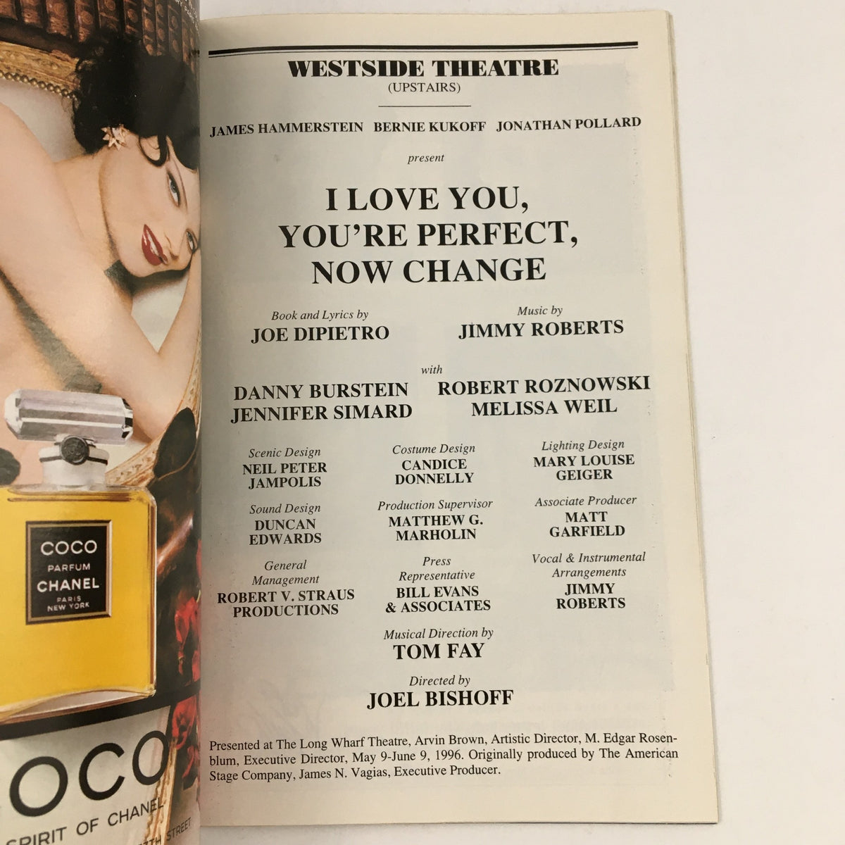 Interior page of the 1996 Playbill for I Love You, You're Perfect, Now Change, detailing cast and production team at Westside Theater, alongside an advertisement for Chanel Coco.