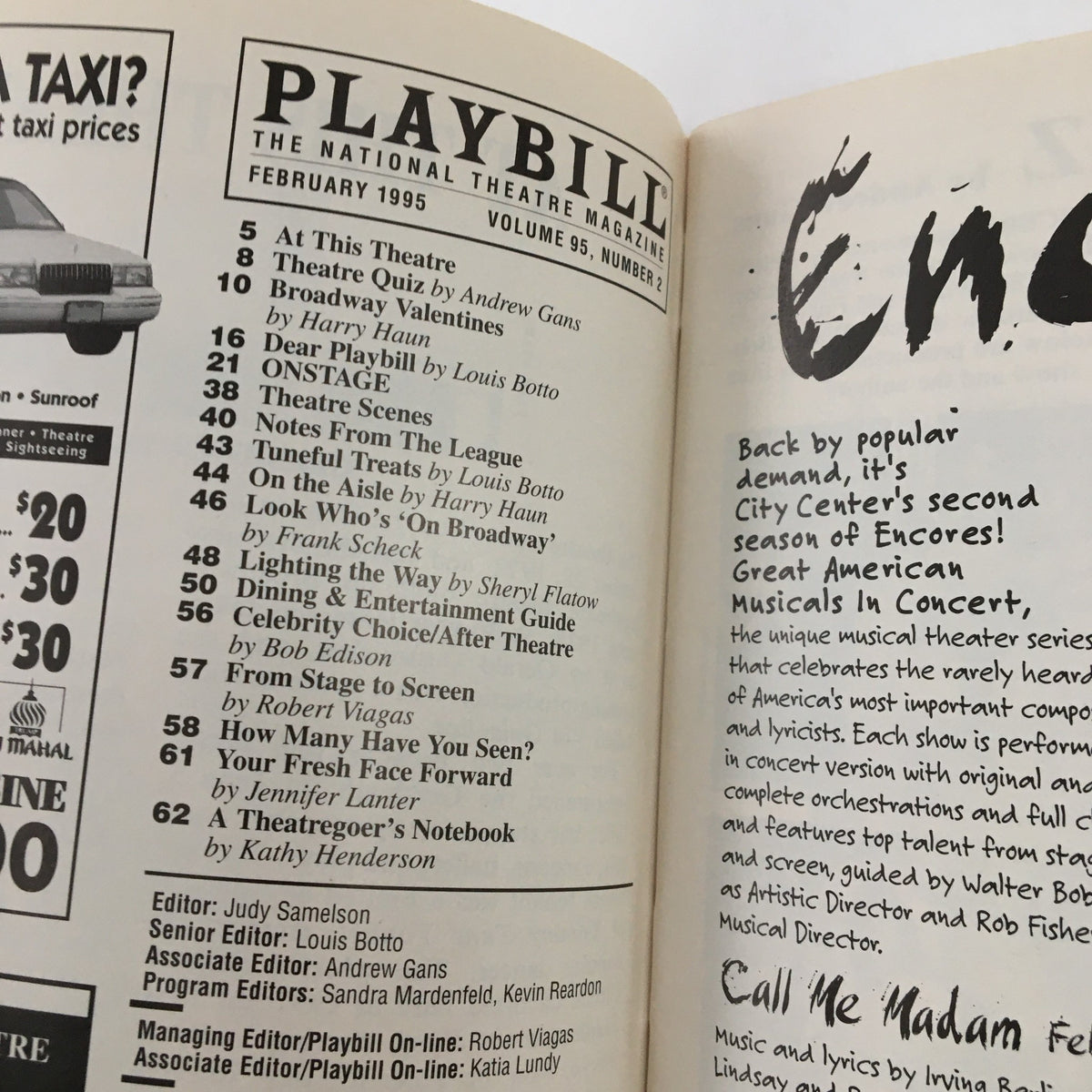 Inside the February 1995 Playbill for Show Boat, highlighting articles and features from Theatre Magazine Volume 95, Number 2.