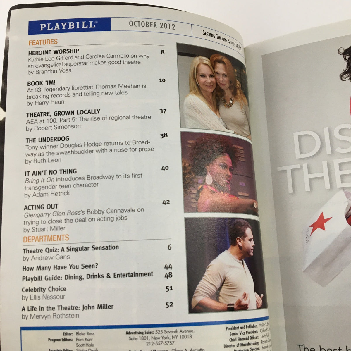 Inside page of the 2012 Playbill for Bring It On: The Musical featuring articles and cast insights for October 2012.