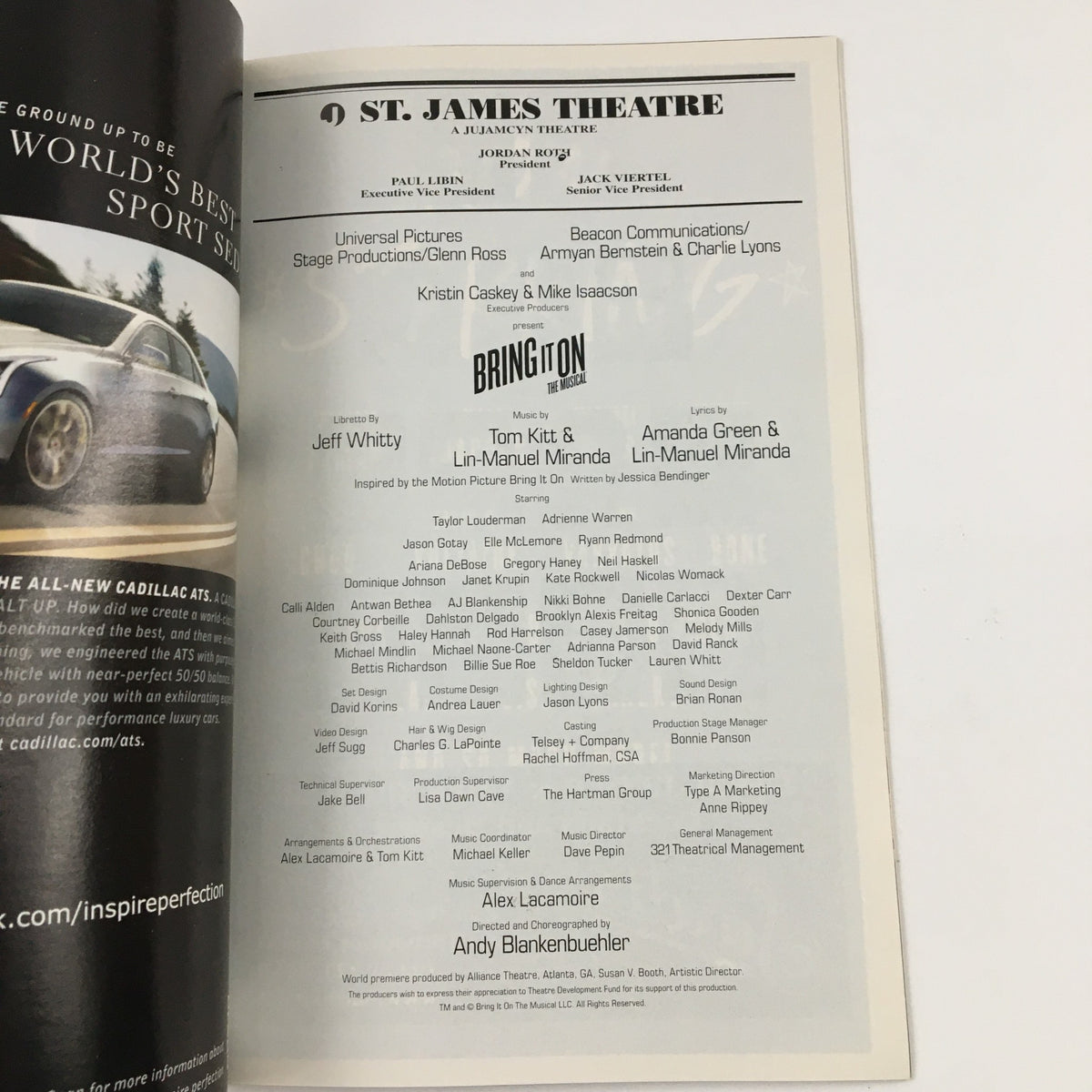 Back page of the 2012 Playbill for Bring It On: The Musical highlighting the creative team and production details.