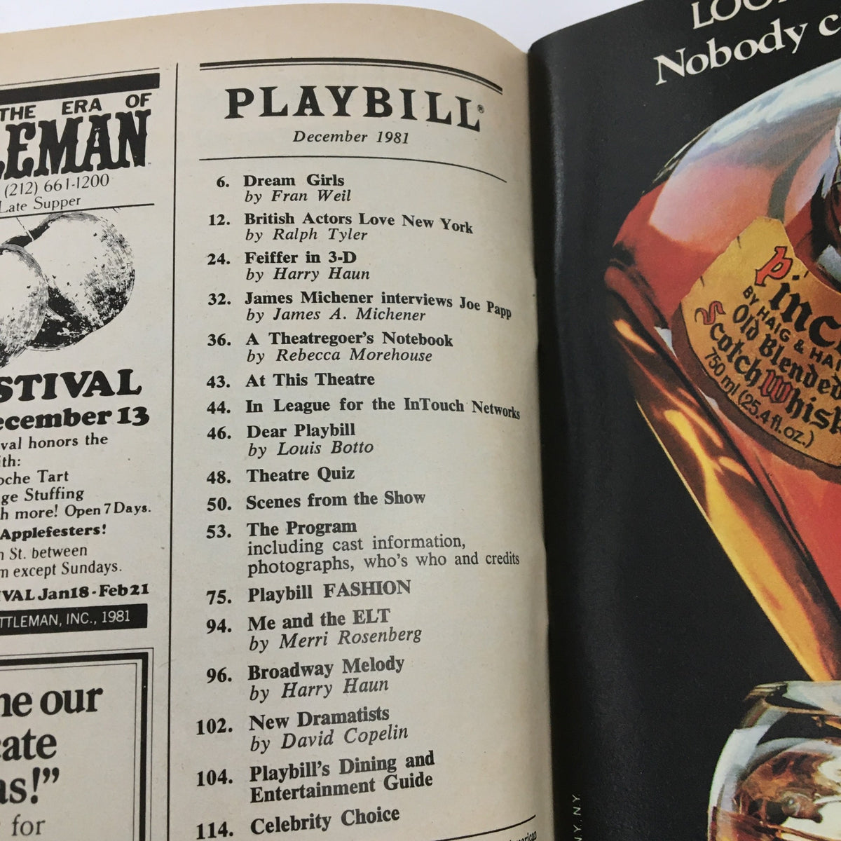Inside of the 1981 Playbill for 'Grown Ups' at Lyceum Theatre, displaying the table of contents and notable theater events from the era.