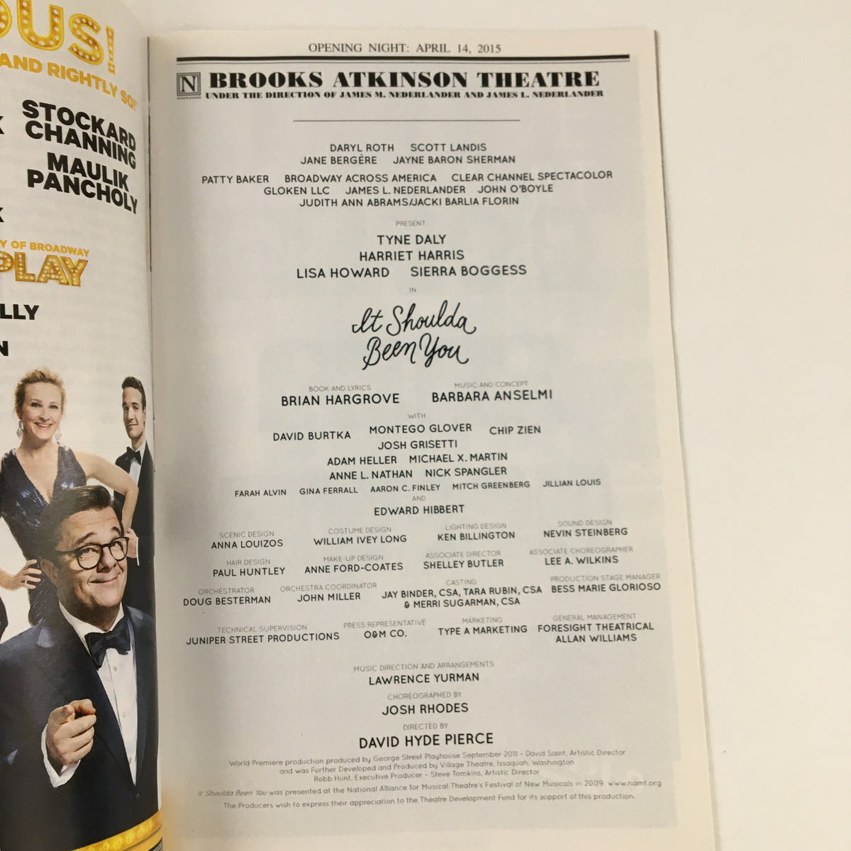 Opening night program for 'It Shoulda Been You' at Brooks Atkinson Theatre, listing cast members and production details from April 14, 2015.