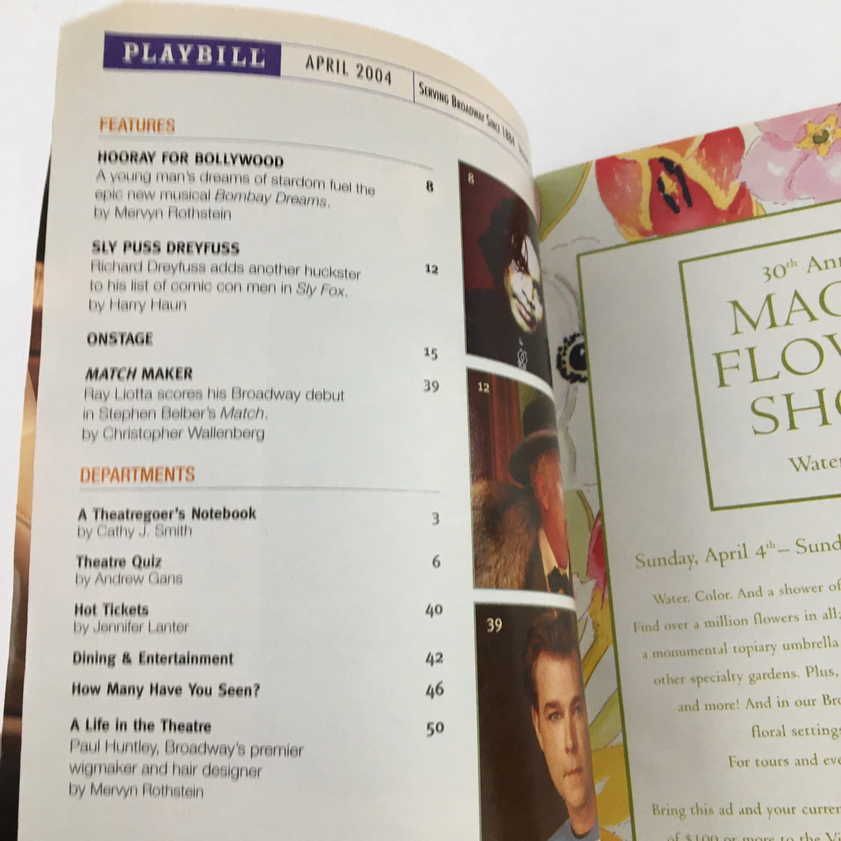 Inside page of the 2004 Playbill, highlighting features and articles, including a section titled 'Hooray For Bollywood', enriching the theatrical experience of Big Bill.