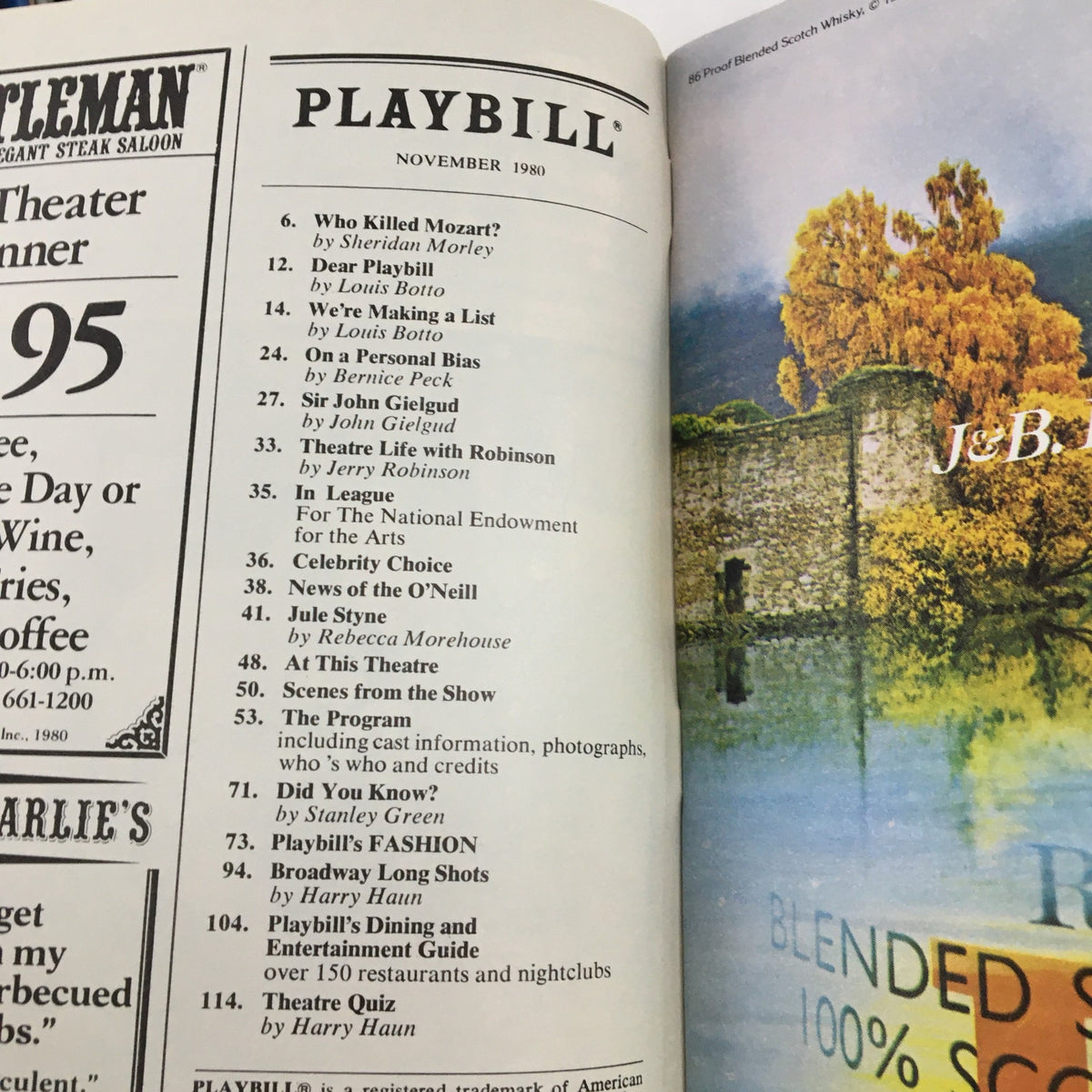 Inside page of the 1980 Playbill for The Suicide, showcasing the program contents and additional theater-related features.