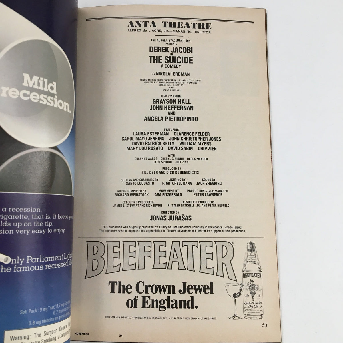 Back cover of the 1980 Playbill for The Suicide at Anta Theatre, featuring the cast list and a Beefeater advertisement, emphasizing the theatrical production.