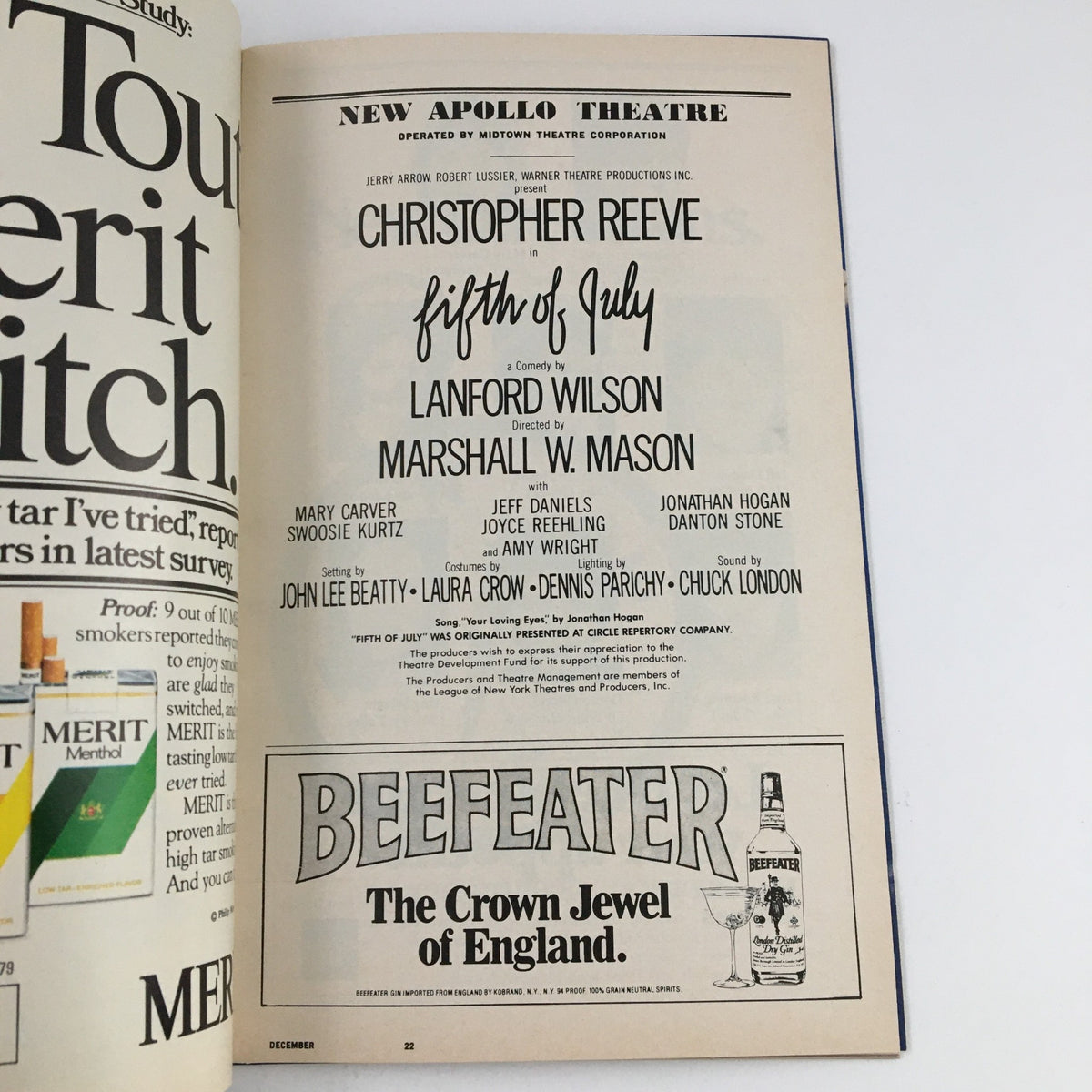 Inside page of the 1980 Playbill New Apollo Theatre, featuring Christopher Reeve in Fifth of July by Lanford Wilson.