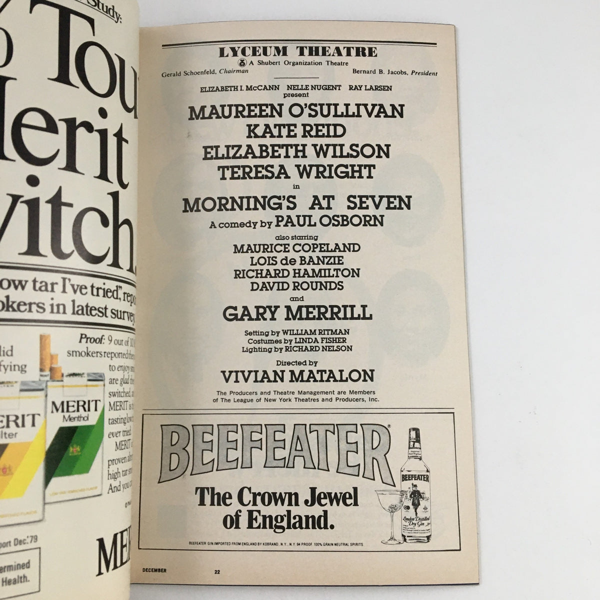 Another interior page of the 1980 Playbill Lyceum Theatre for Morning's at Seven, showcasing cast members and production details.