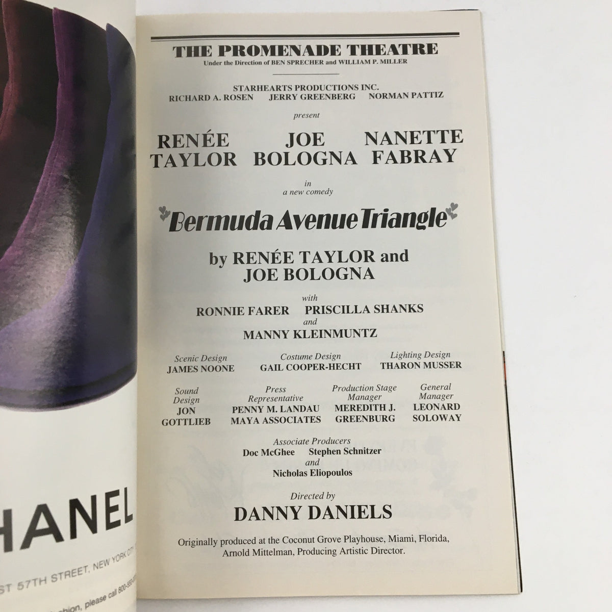 Credits page of the 1997 Playbill for The Promenade Theatre production of Bermuda Avenue Triangle, listing cast and crew.