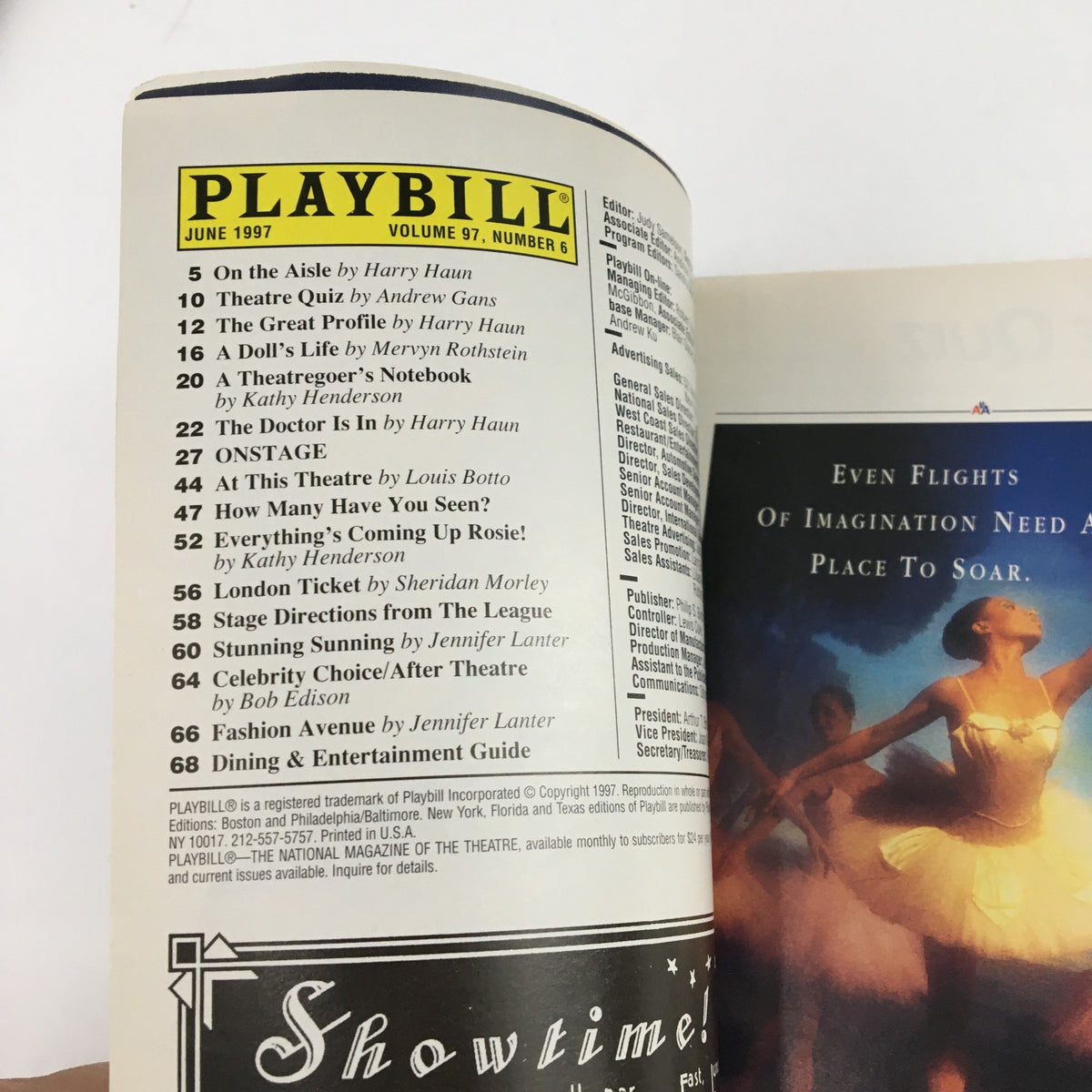 Interior view of the 1997 Playbill for An American Daughter, showing the table of contents and production details for Court Theatre.