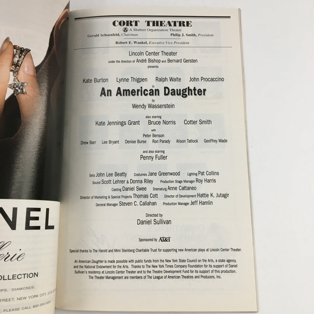 Interior page of the 1997 Playbill for 'An American Daughter' by Wendy Wasserstein, featuring cast and production details at the Court Theatre.
