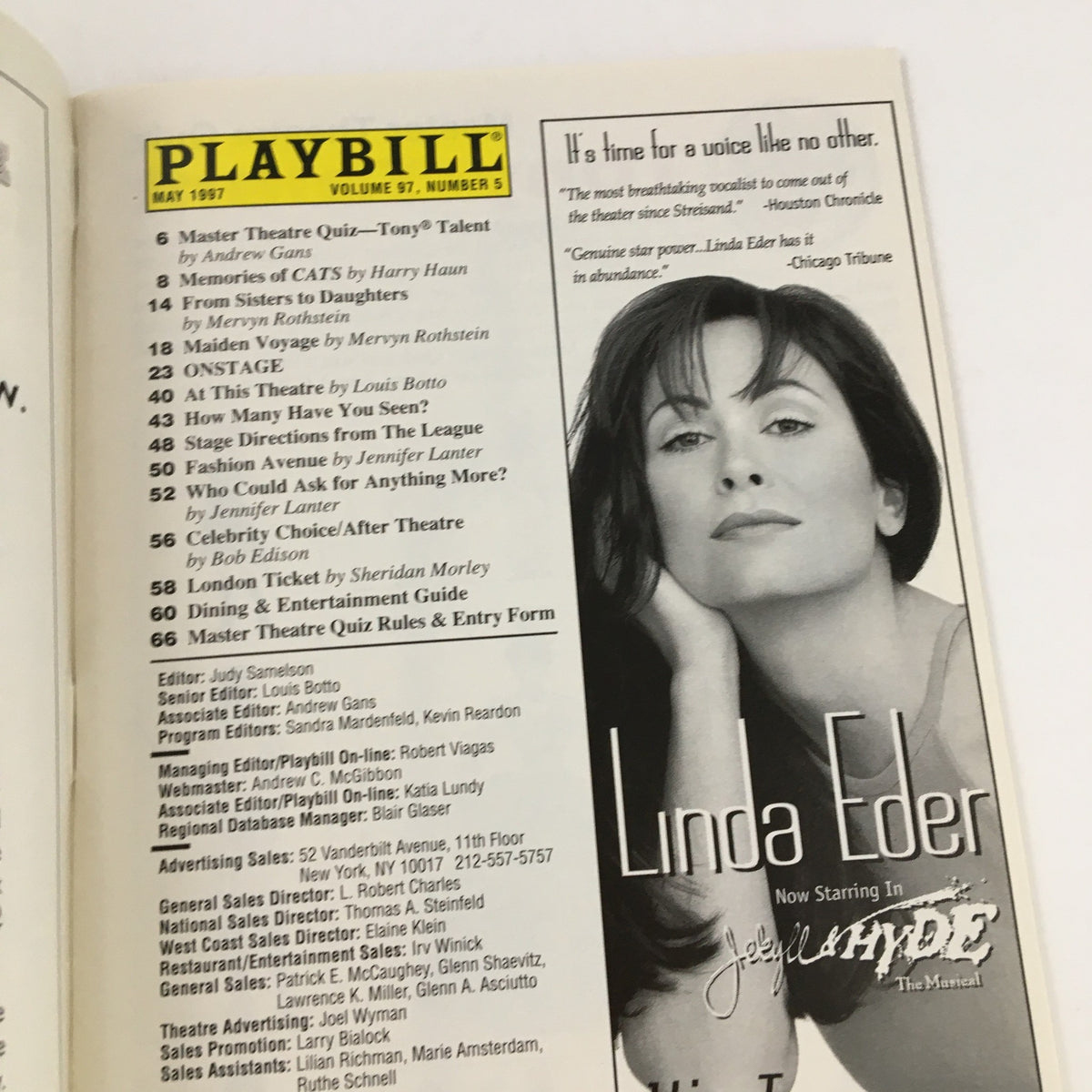 Inside page of the 1997 Playbill from Royale Theatre, showcasing articles and advertisements including Linda Eder.