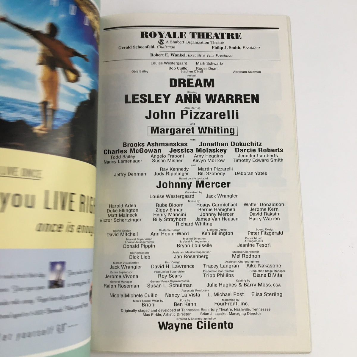 Program details from the 1997 Playbill at Royale Theatre for Dream, featuring cast members like John Pizzarelli and Margaret Whiting.