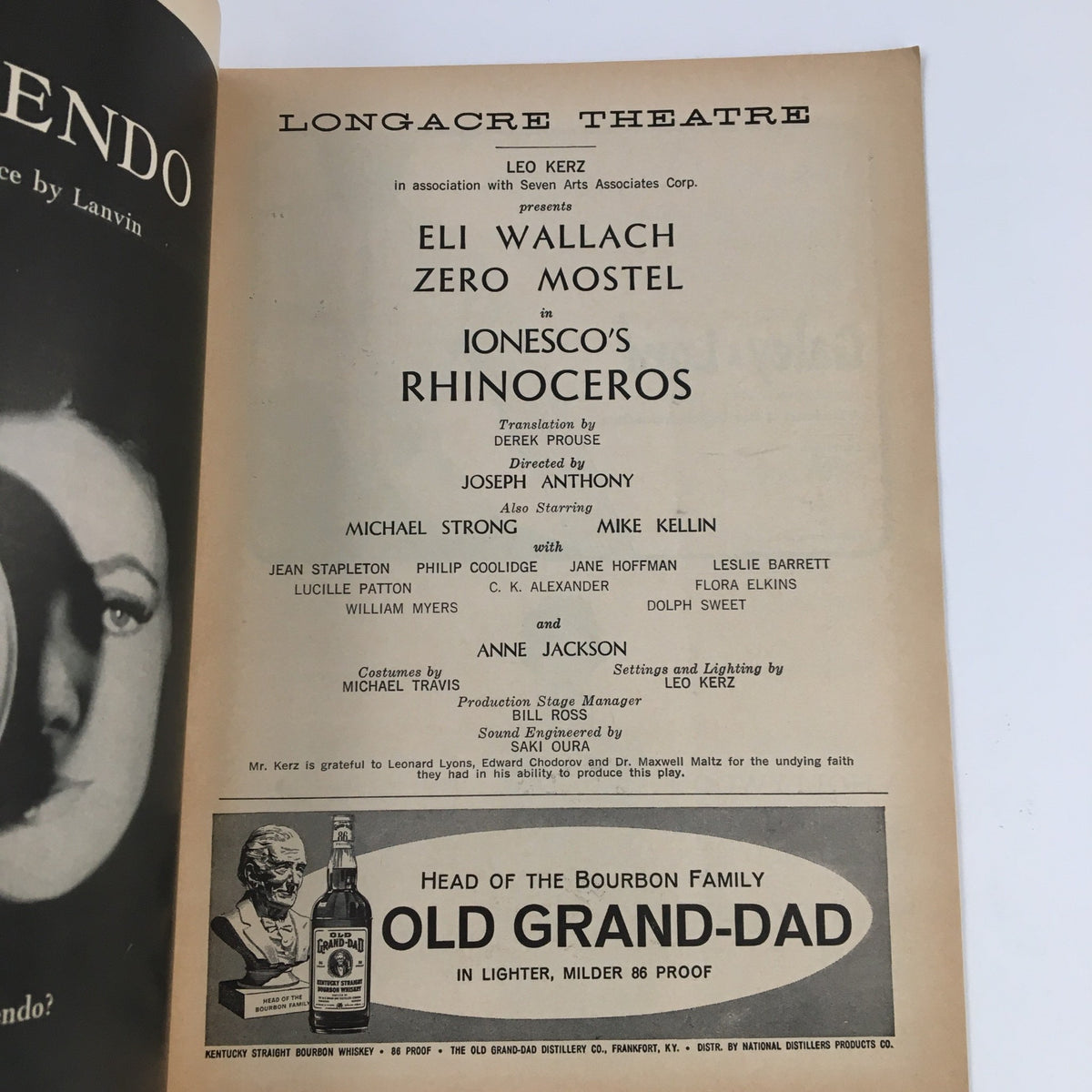 Another inside page of the 1961 Playbill from Longacre Theatre detailing the cast and creative team for Eli Wallach's performance in Ionesco's Rhinoceros.