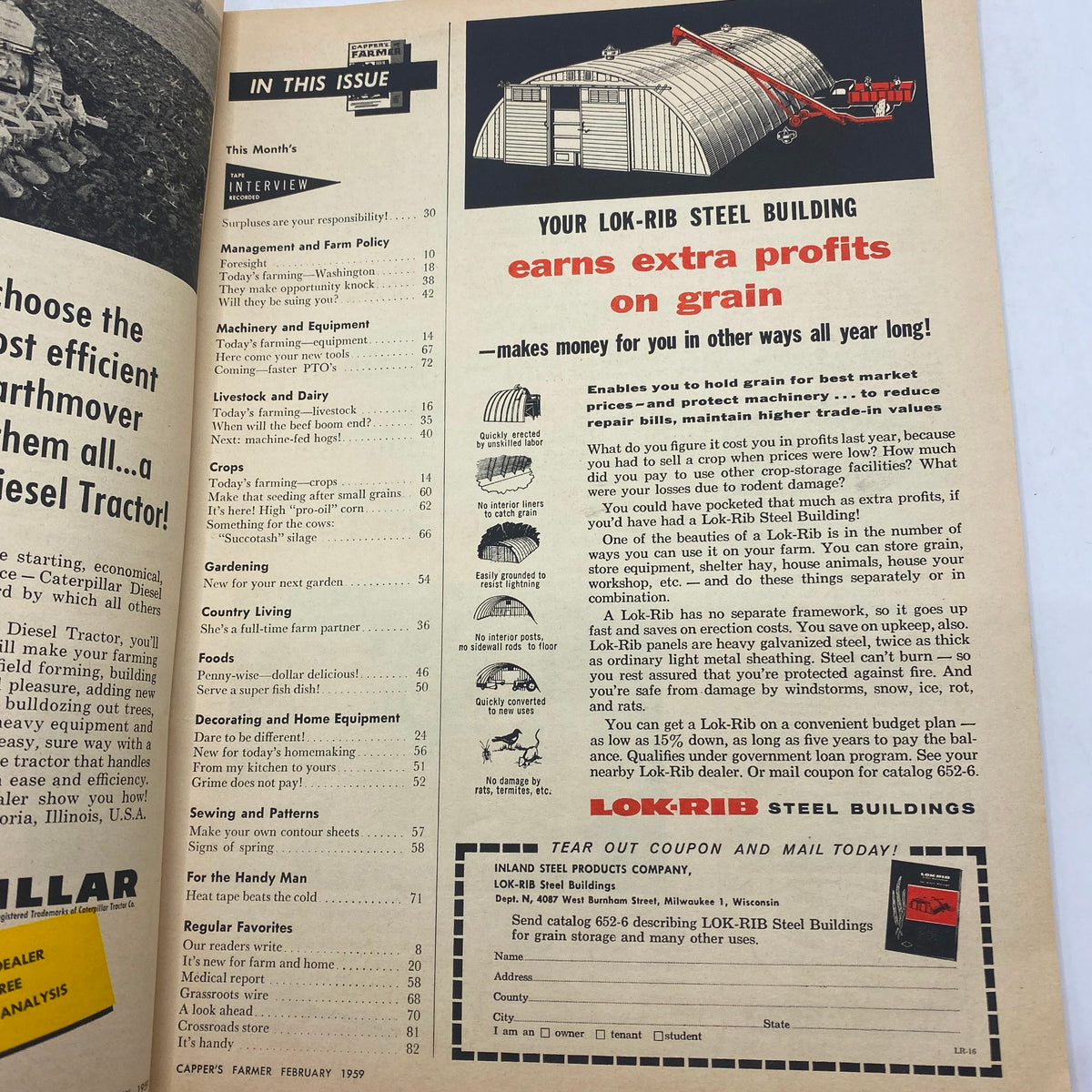 Interior page of VTG Carper's Farmer Magazine February 1959 featuring articles on farming management, livestock, and equipment, showcasing vintage agricultural insights and promotional content.