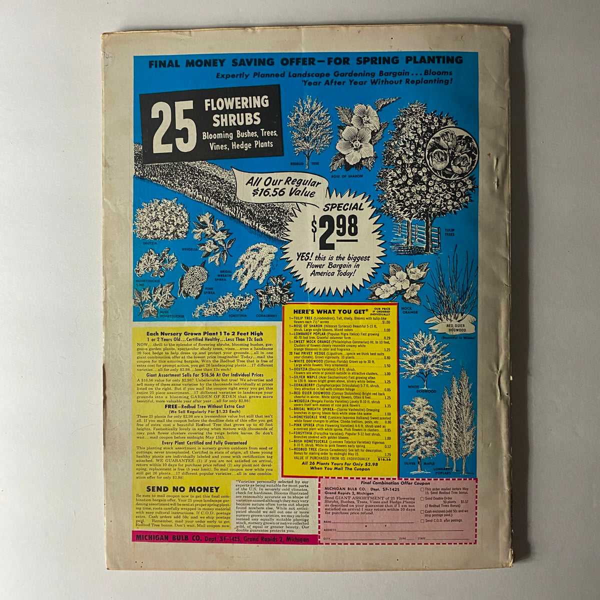 Back cover of VTG Carper's Farmer Magazine February 1959 promoting a special offer on flowering shrubs, presenting colorful illustrations and pricing details for gardening enthusiasts.