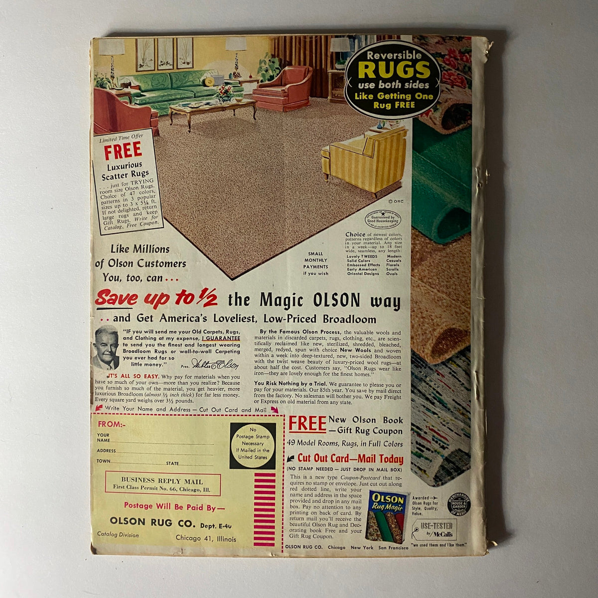 Back cover of VTG Carper's Farmer Magazine March 1959 showing an advertisement for reversible rugs, illustrating vintage marketing styles.
