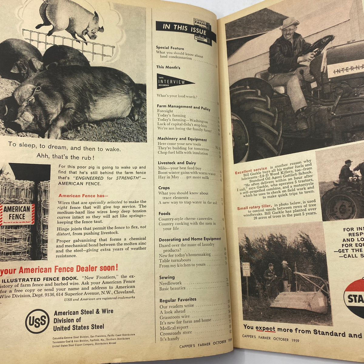 Interior page of VTG Carper's Farmer Magazine October 1959 showcasing features on farming techniques, livestock care, and vintage advertisements from the agricultural industry.