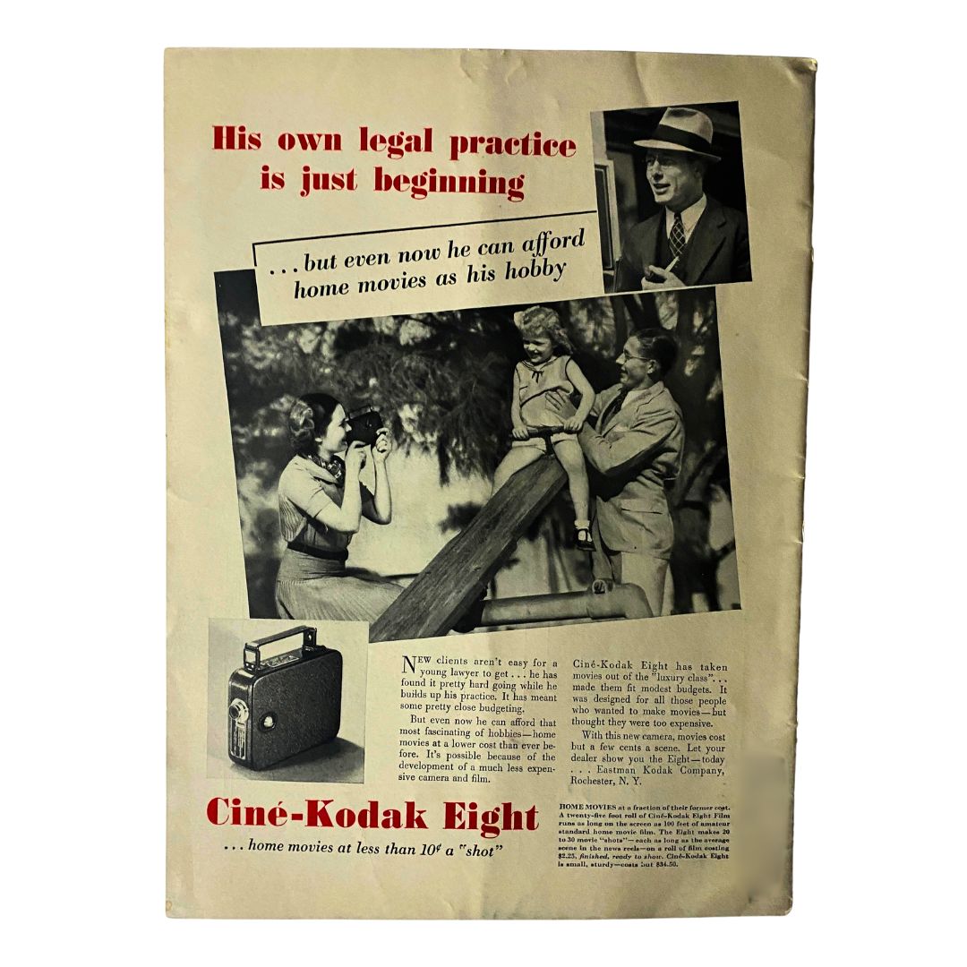 Back cover of VTG Mother's Activities Magazine April 1936 featuring an advertisement for Ciné-Kodak Eight home movie camera, emphasizing family life and hobbies.