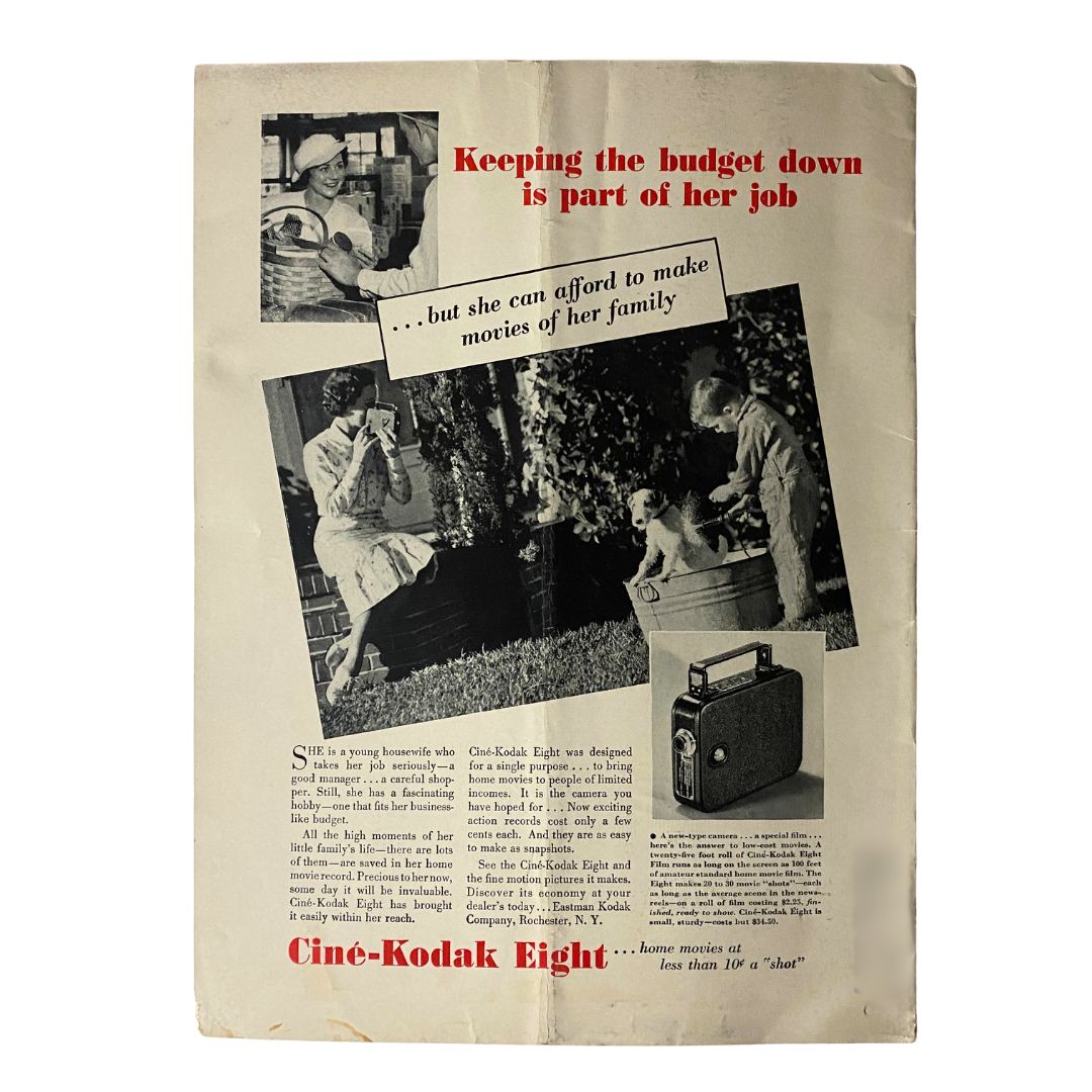 Back cover of VTG Mother's Activities Magazine, May 1936, displaying an advertisement related to budgeting and home movies.