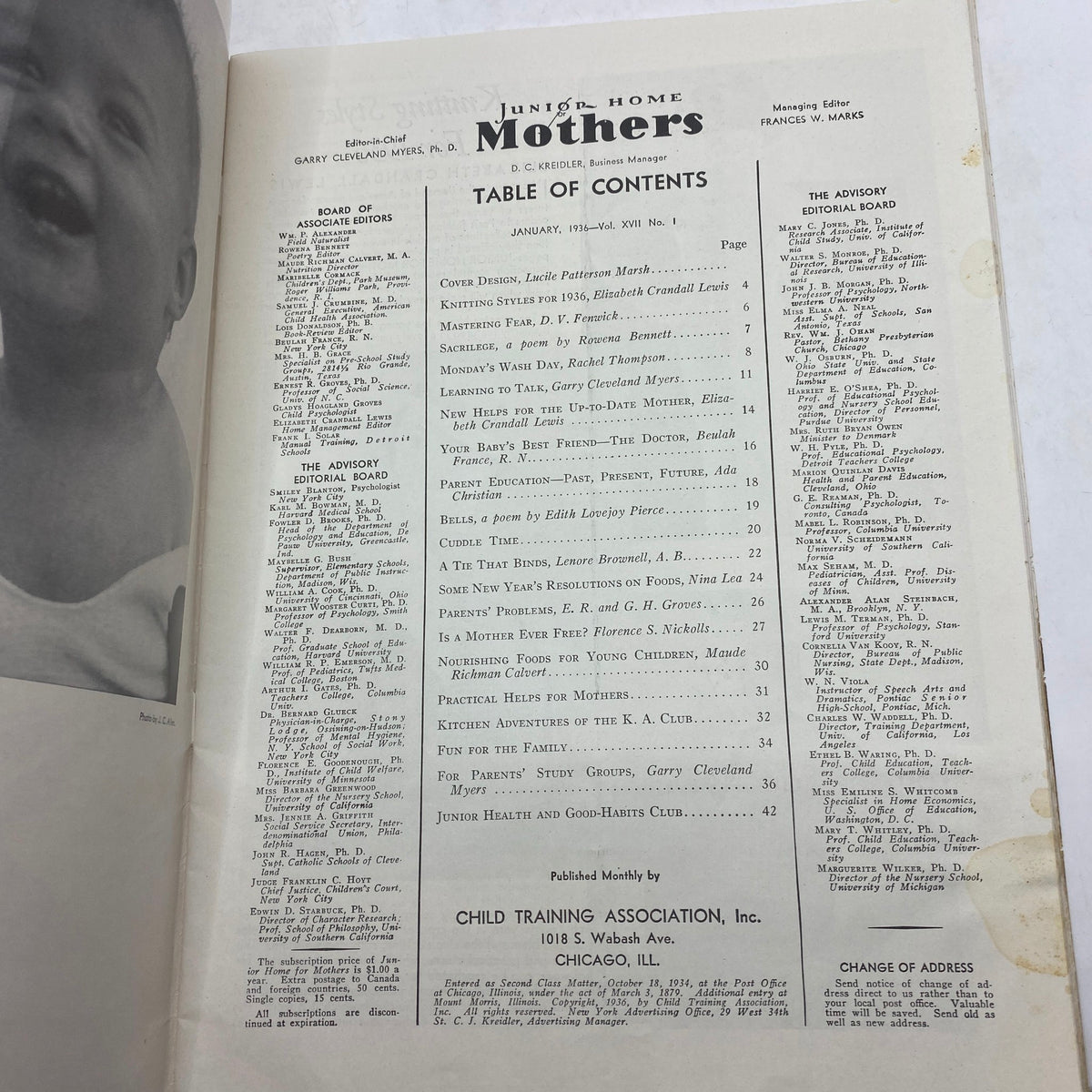 Interior page showing the table of contents from VTG Junior Home for Mothers Magazine January 1936, listing various articles and knitting patterns available in the issue.