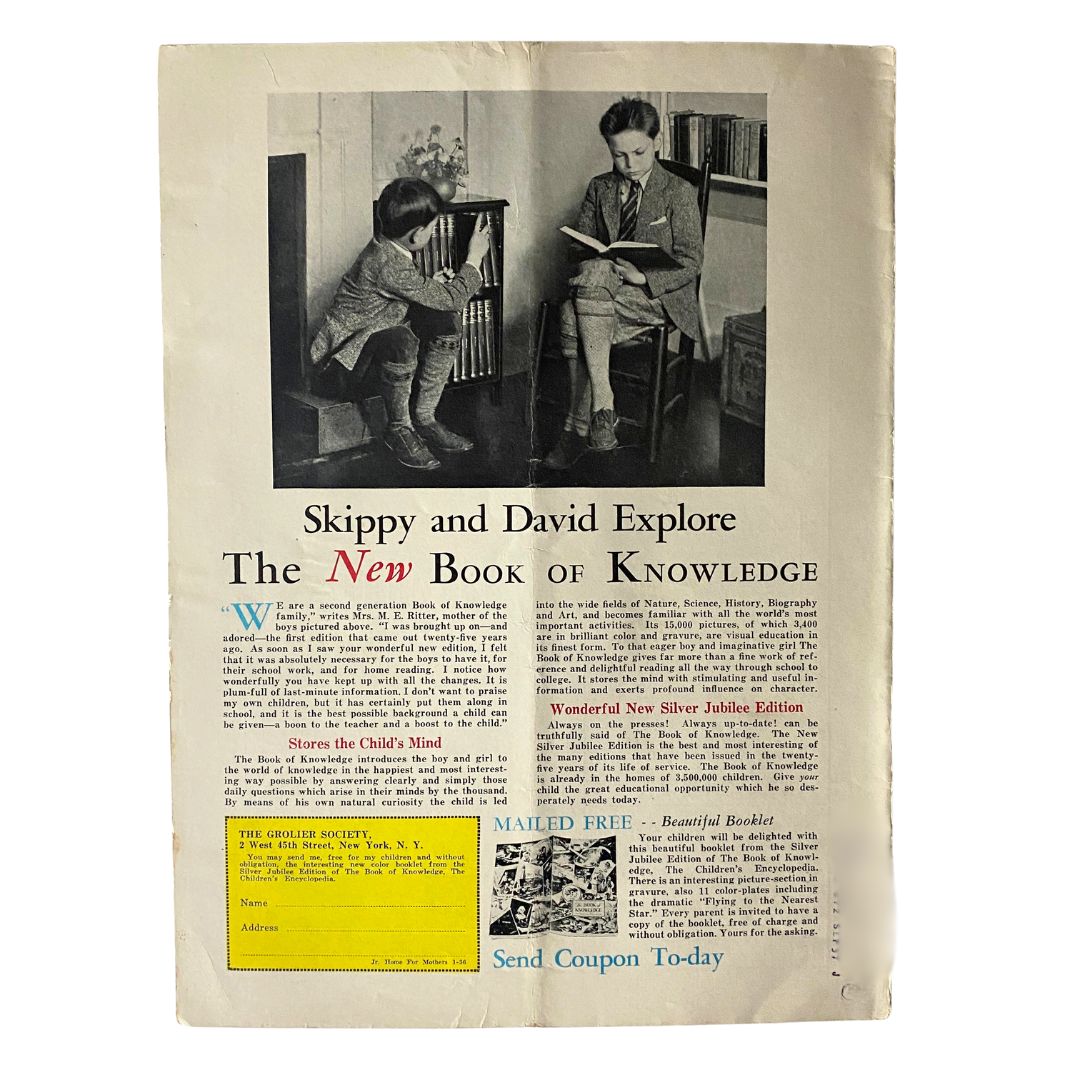 Back cover of VTG Junior Home for Mothers Magazine January 1936 featuring an advertisement about The New Book of Knowledge, illustrating two children engaging with books.