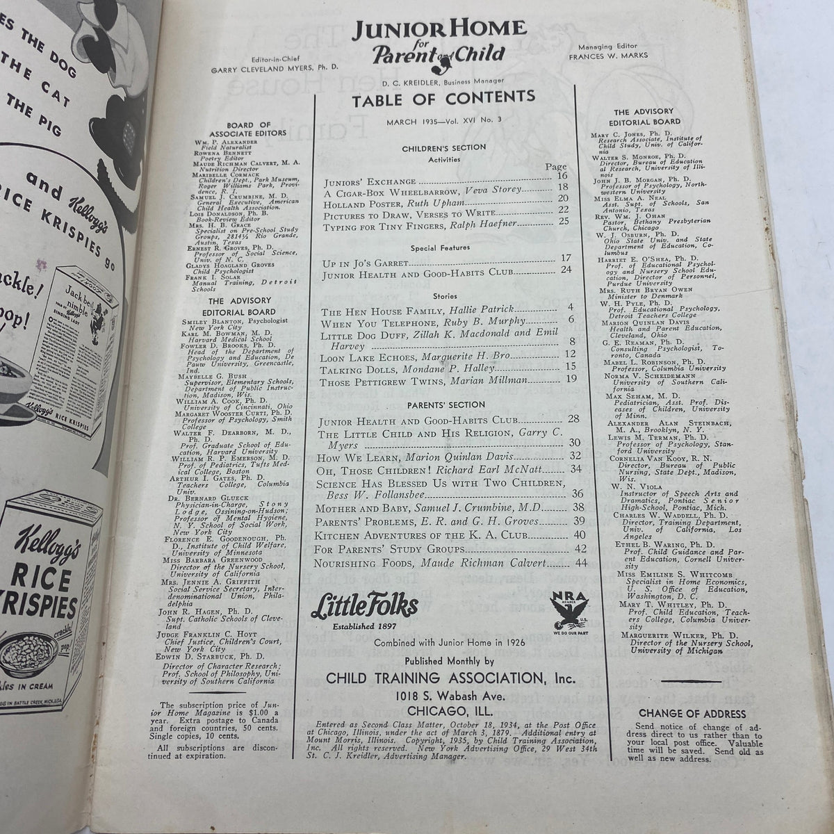 Table of Contents from the March 1935 issue of VTG Junior Home for Parent & Child magazine, listing various articles and sections for parents and children.