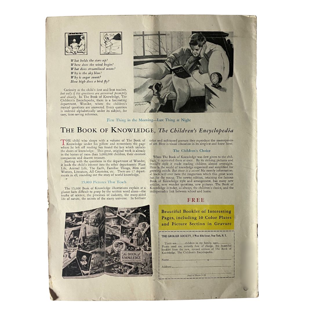 Advertisement page from VTG Junior Home for Parent & Child March 1935 magazine discussing The Book of Knowledge, The Children's Encyclopedia, highlighting educational value for children.