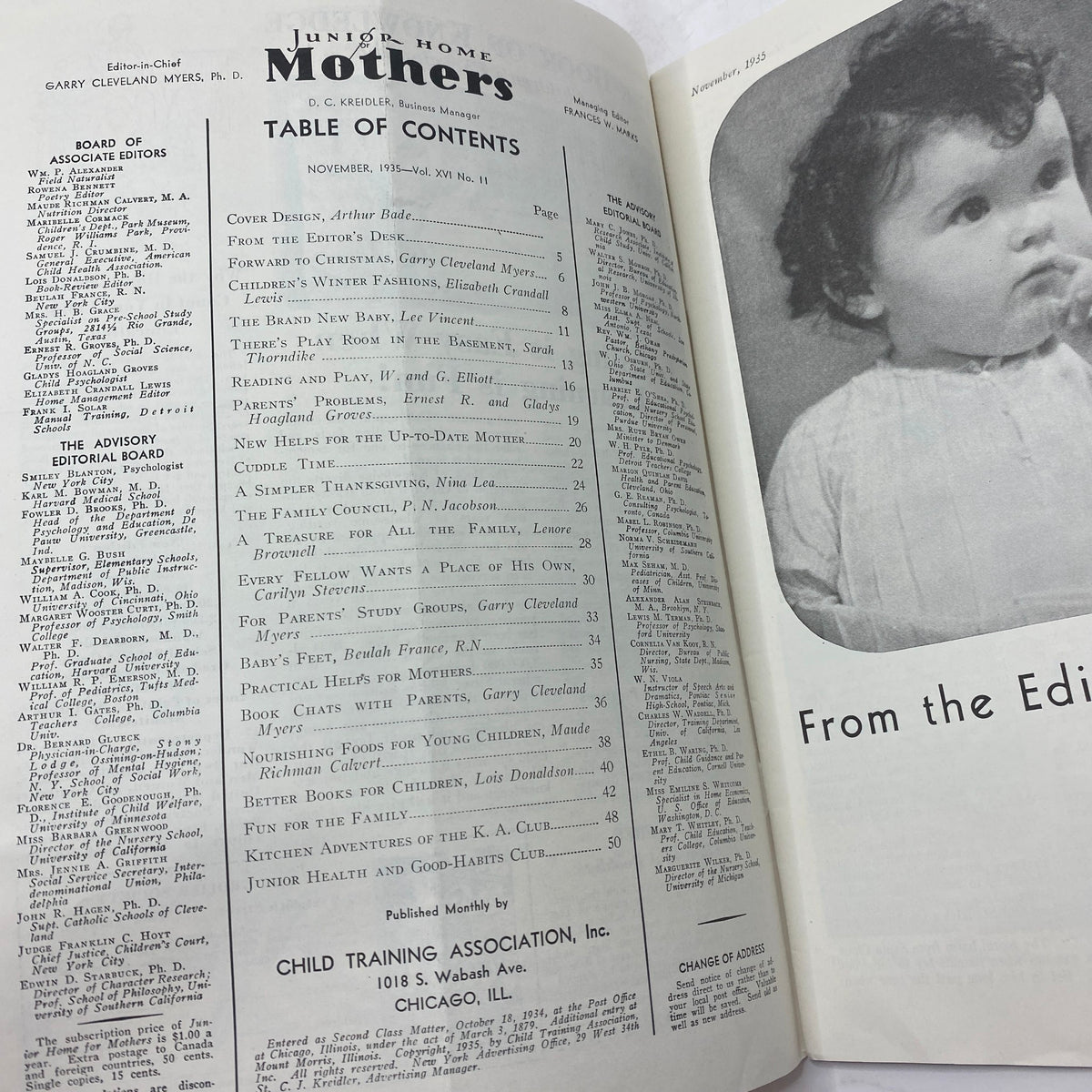 Inside page of VTG Junior Home for Mothers Magazine November 1935 displaying the table of contents, highlighting articles related to baby care and parenting.