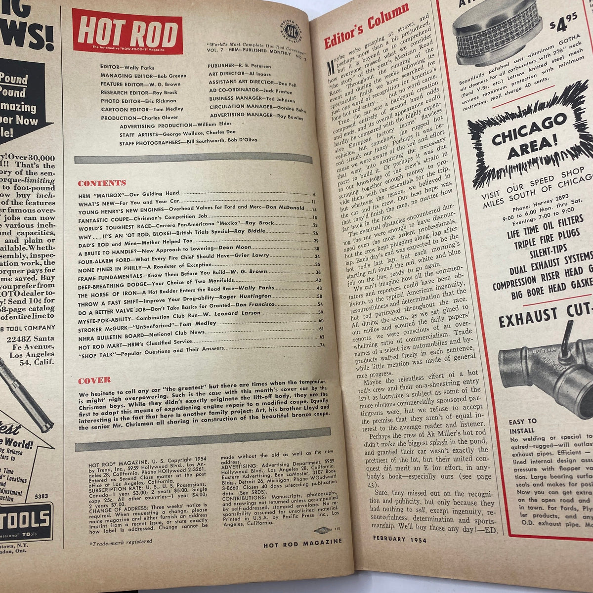 Interior page of VTG Hot Rod Magazine February 1954 featuring editor's column and contents list, highlighting articles and features on hot rod culture.