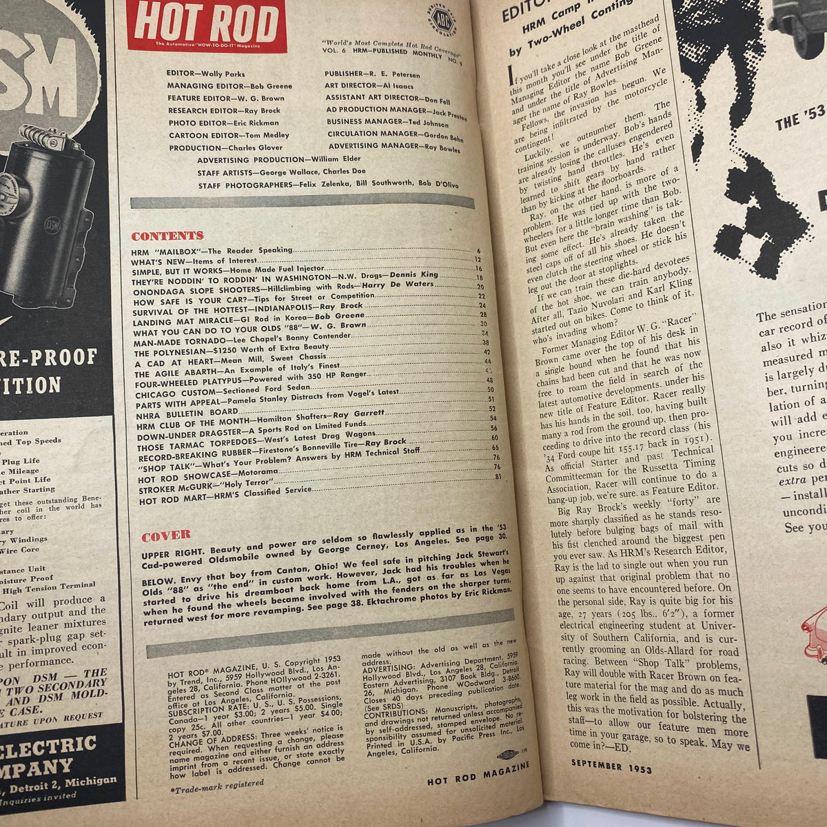 Inside pages of VTG Hot Rod Magazine September 1953 displaying the table of contents and editorial information.