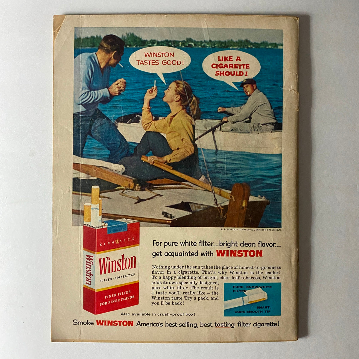 Back cover of VTG Hot Rod Magazine August 1958 featuring a vintage Winston cigarette advertisement with a scene of people enjoying a day by the water.