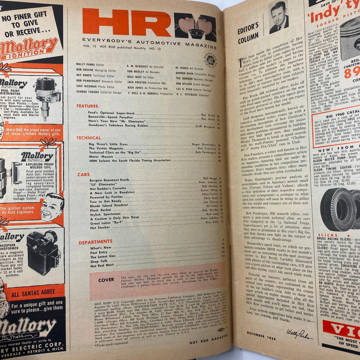 Inside page of VTG Hot Rod Magazine December 1959 showcasing the editorial column and features related to racing technology.