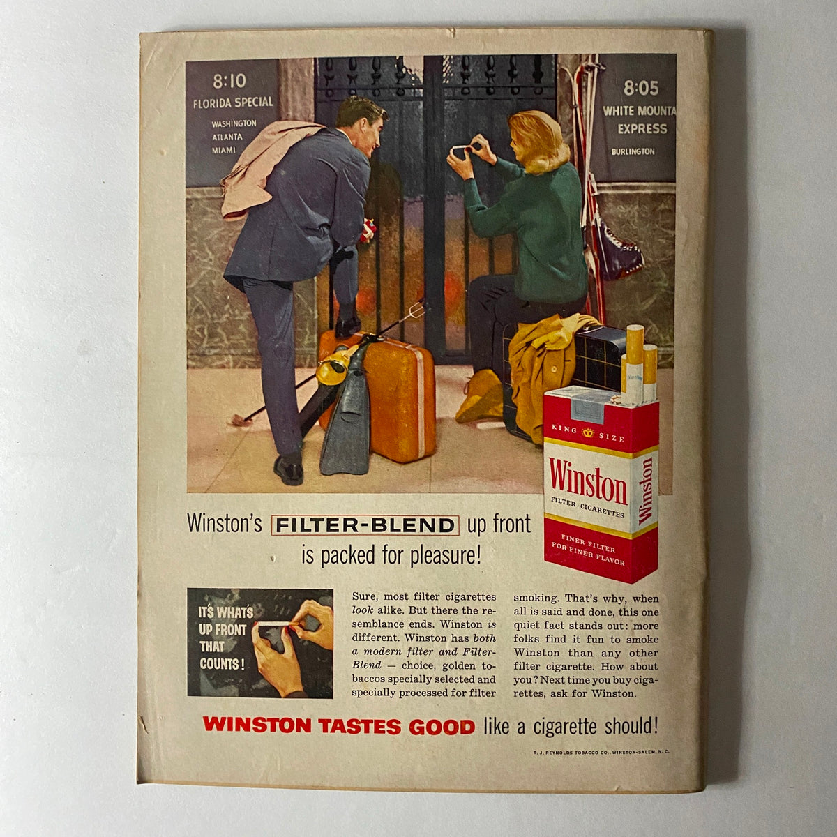 Back cover of VTG Hot Rod Magazine December 1959 featuring an advertisement for Winston cigarettes with a vintage illustration.