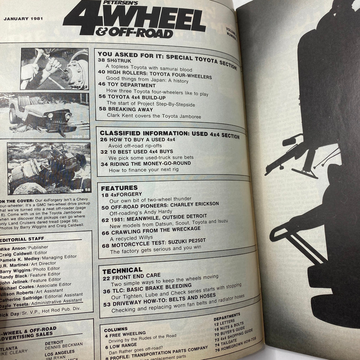 Interior page of Petersen's 4-Wheel & Off-Road Magazine January 1981 displaying contents and features, highlighting special sections and articles related to off-roading.