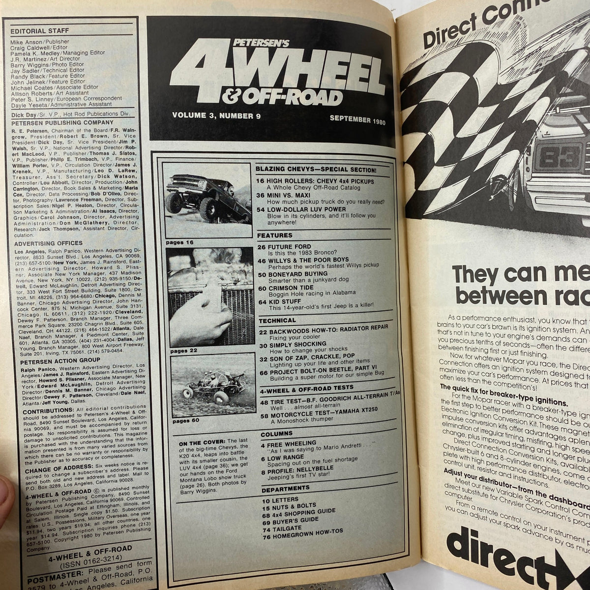 Interior page of Petersen's 4-Wheel & Off-Road Magazine September 1980 featuring table of contents and editorial section highlighting off-road features, including Blazing Chevys.