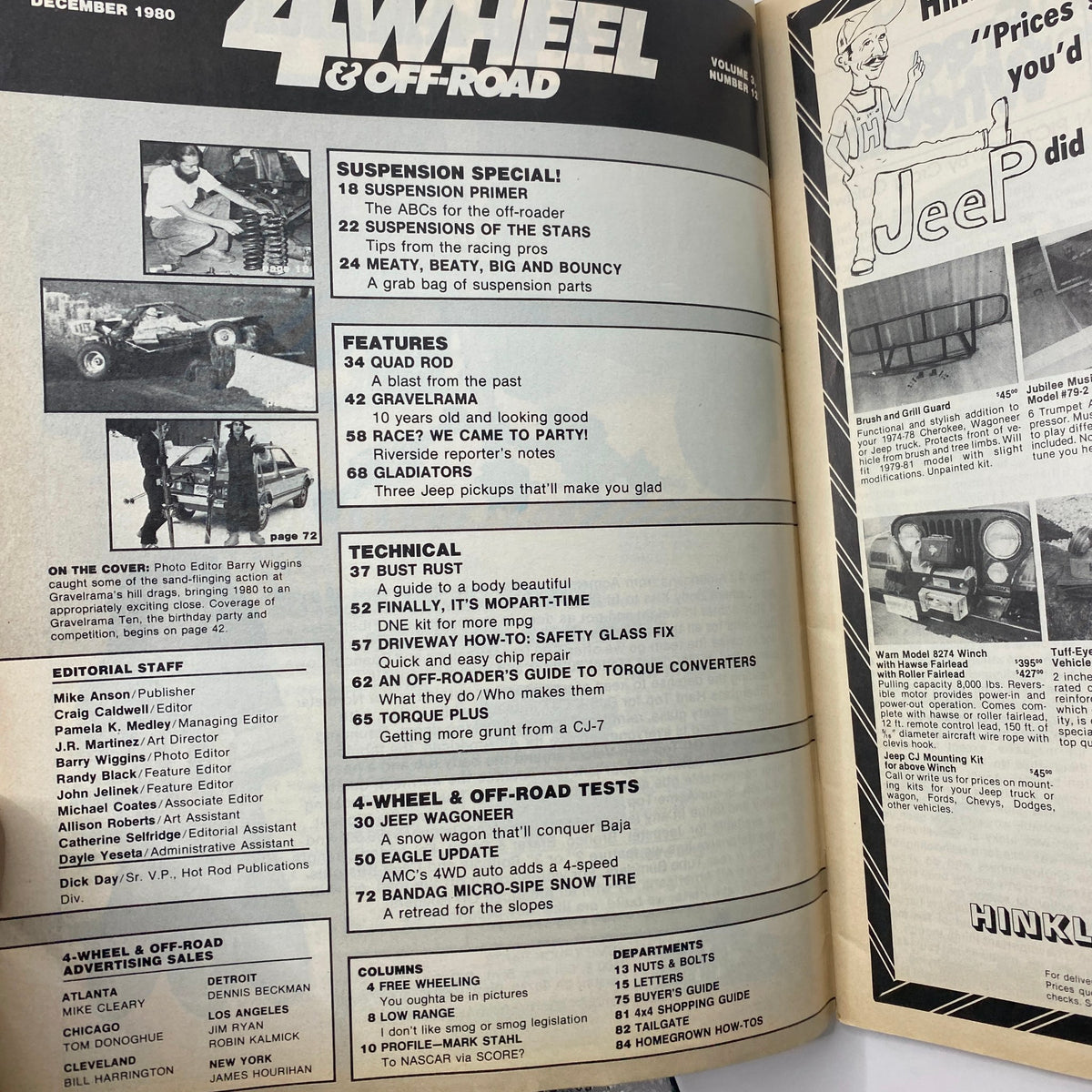 Interior page of Petersen's 4-Wheel & Off-Road Magazine December 1980 detailing articles including 'How-To Bust Rust', with a layout of sections and features related to off-roading and vehicle maintenance.
