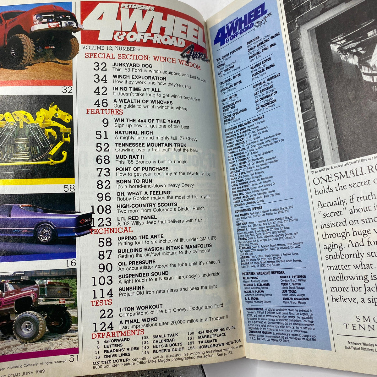 Inside pages of Petersen's 4-Wheel & Off-Road Magazine June 1989 illustrating the table of contents and features including the special section on Winch Wisdom.