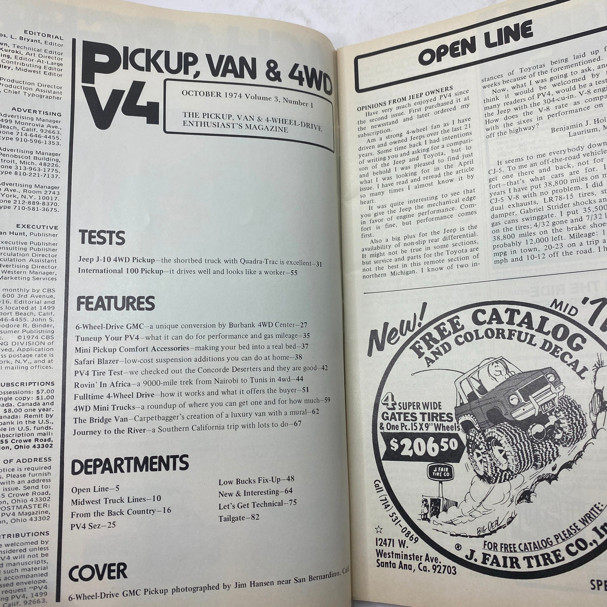 Interior page of VTG Pickup, Van & 4WD V4 Magazine October 1974 displaying editorial prompts, features, and departments related to pickup and 4WD vehicle content.